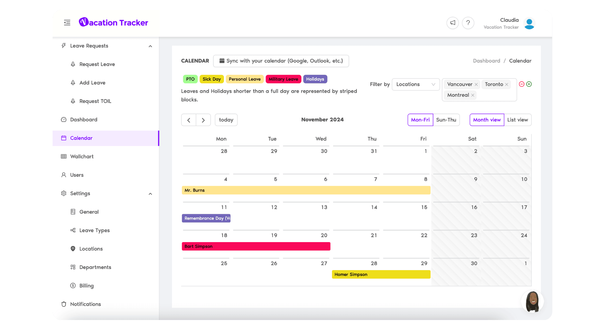 Vacation Tracker PTO Calendar View