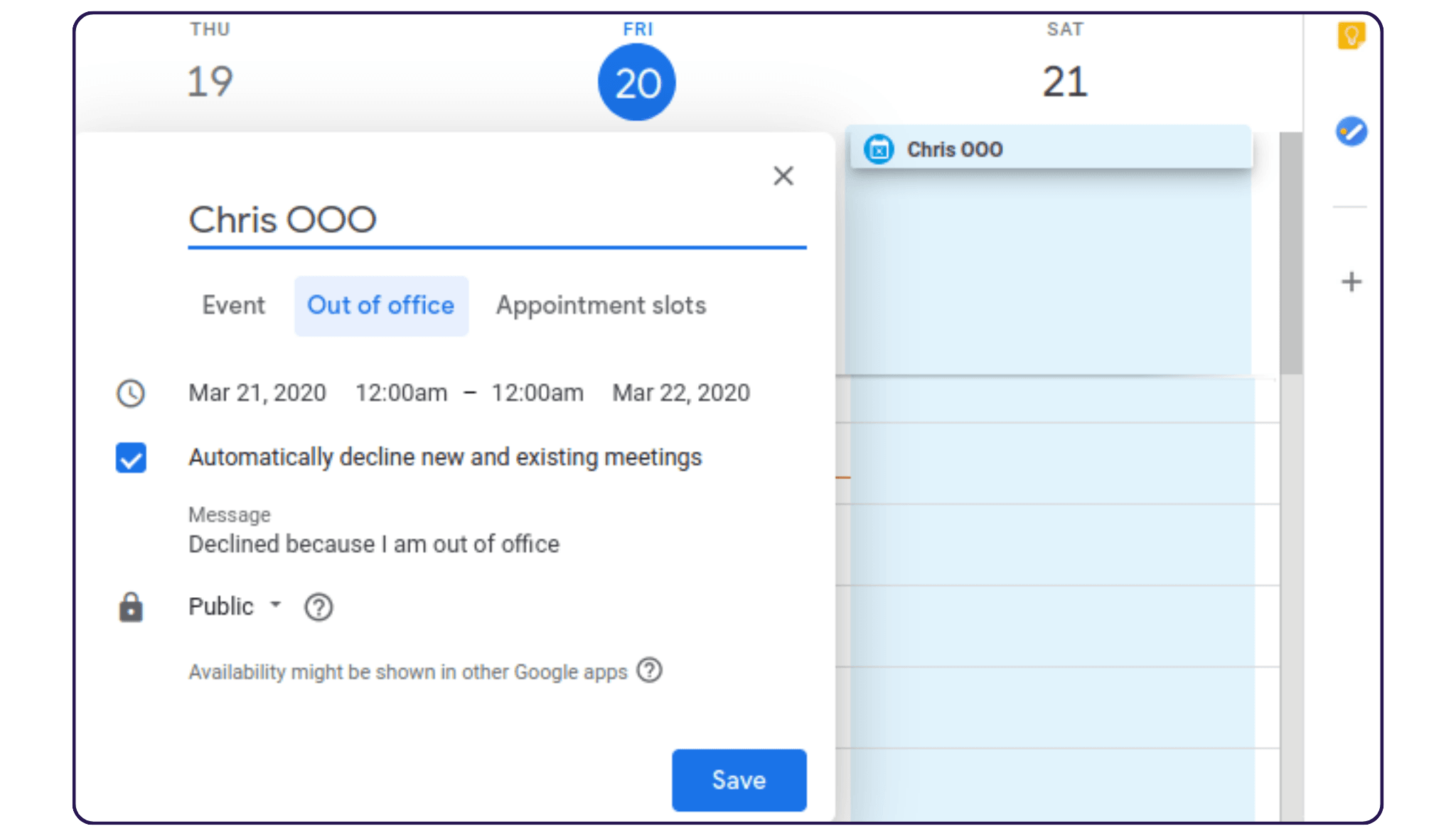 Create Out of Office Event in Google Calendar