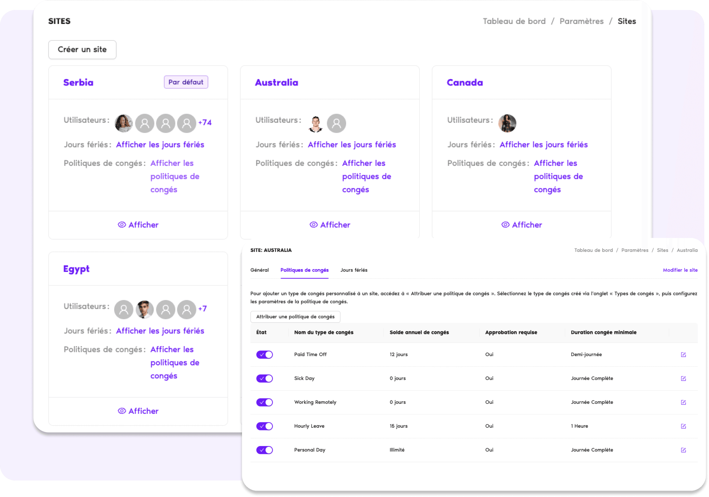 Gestion simplifiée des sites et des départements