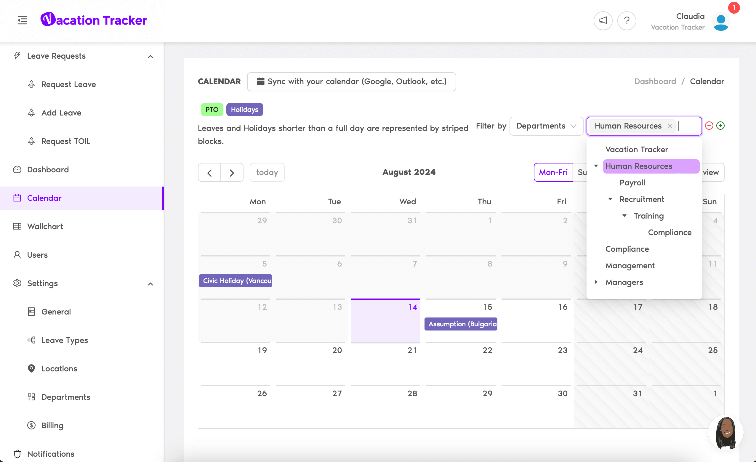 Vacation Tracker calendar filtered by department, showing PTO and holidays with options for filtering by various departments.