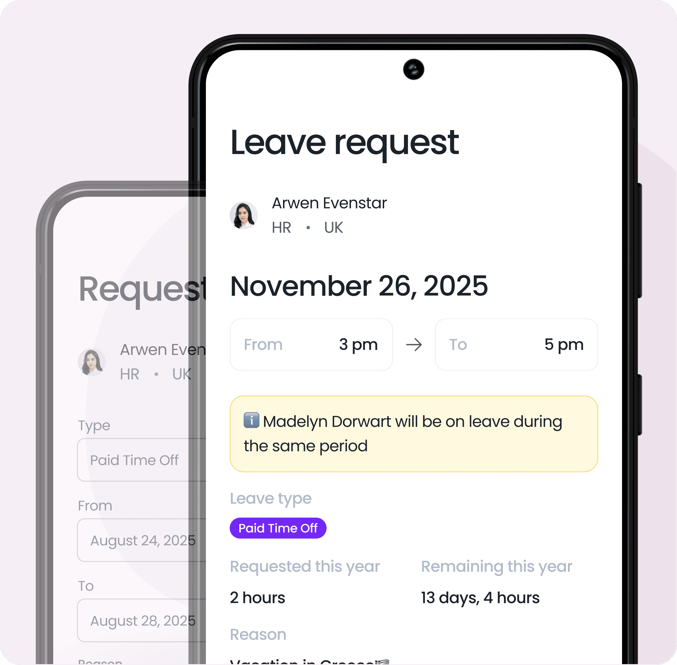 Request, approve, and track time off in just a few taps.