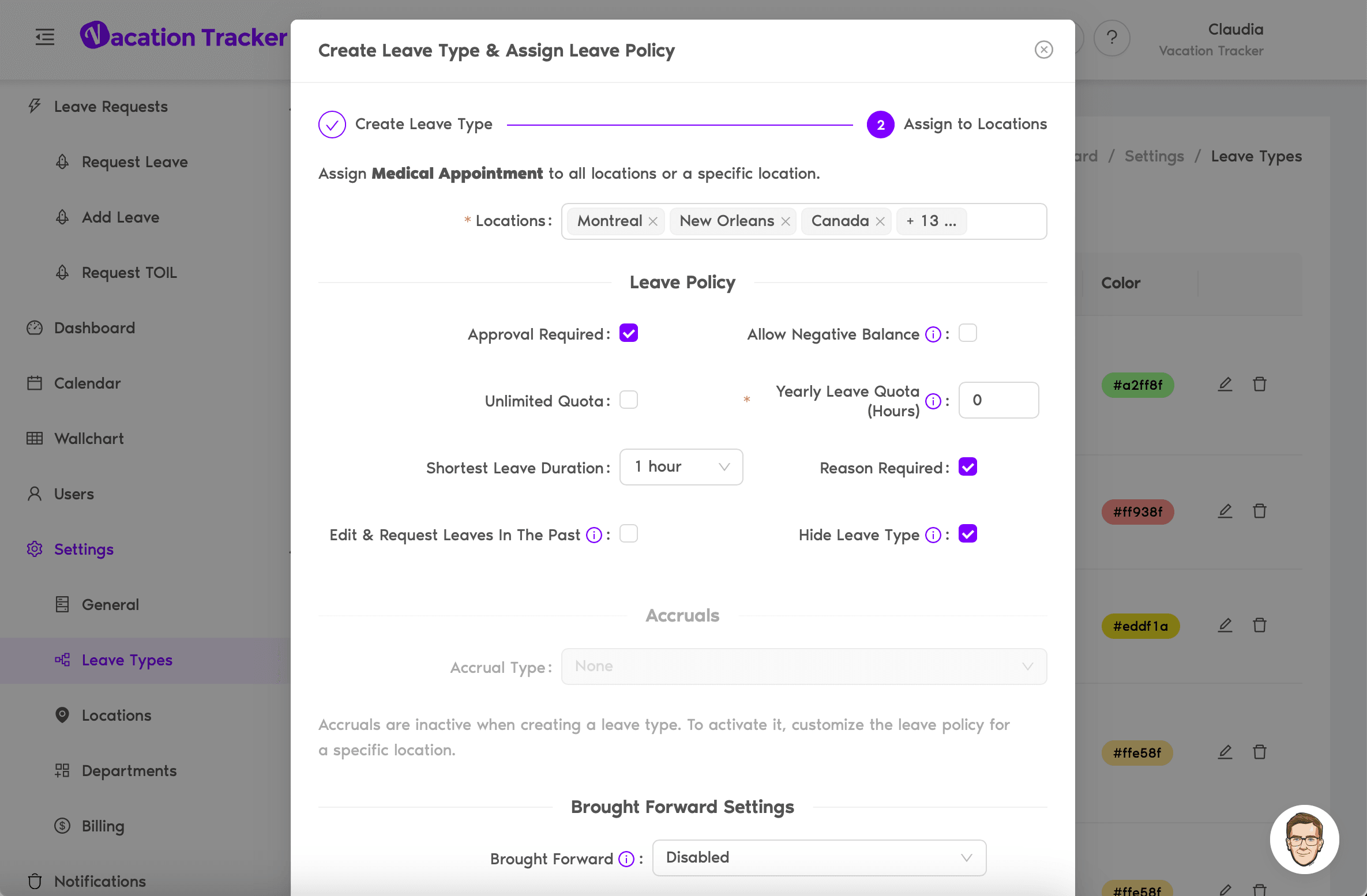 Vacation Tracker settings for creating and assigning leave types with options like approval, hidden leave types, and quotas.