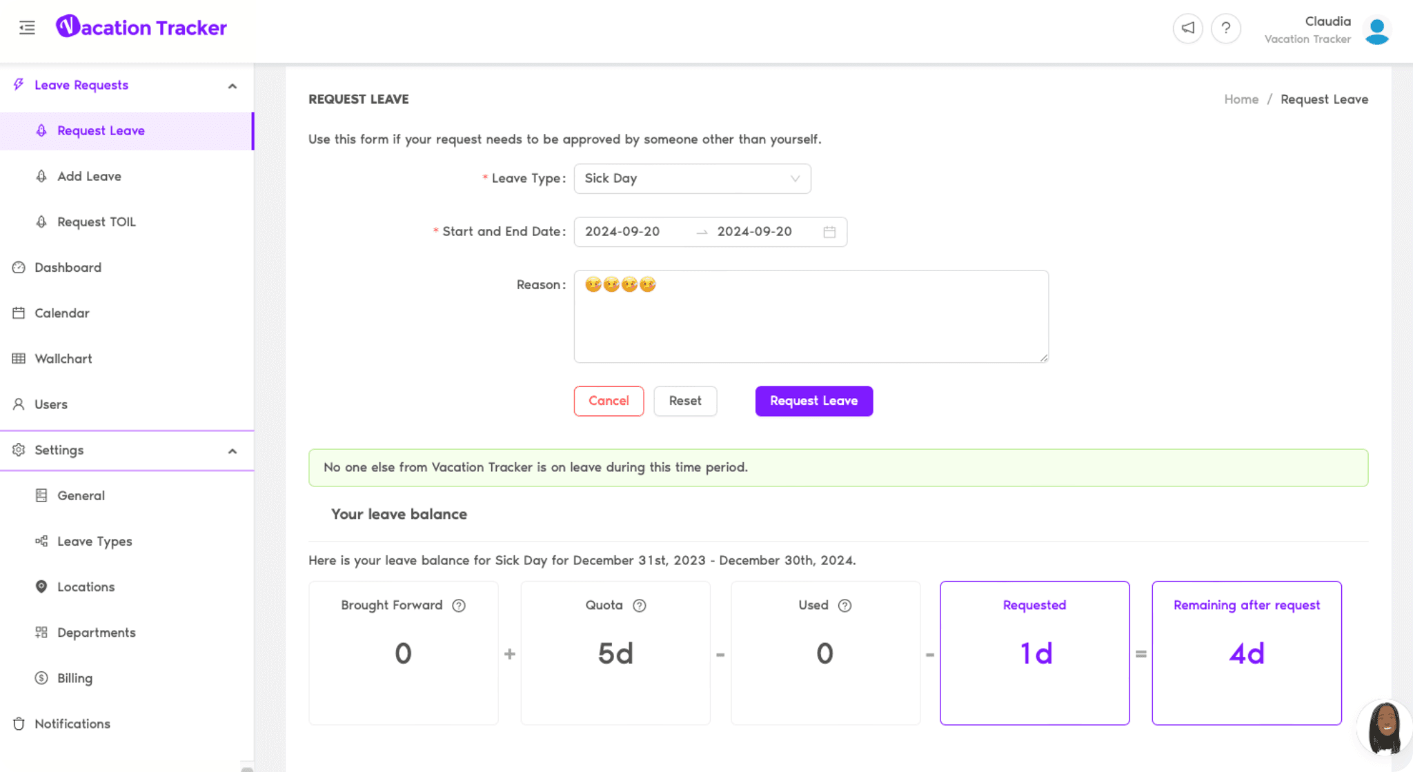 Leave Request in Vacation Tracker