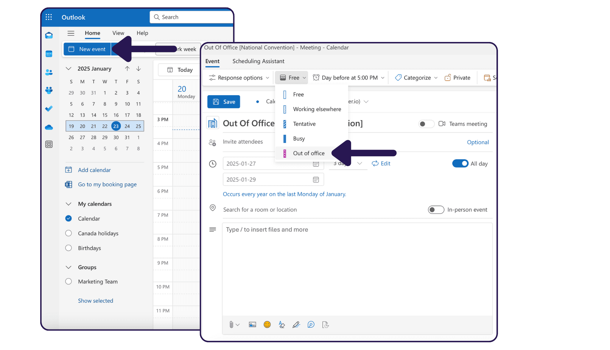 Vacation Calendar in Outlook Method 2 