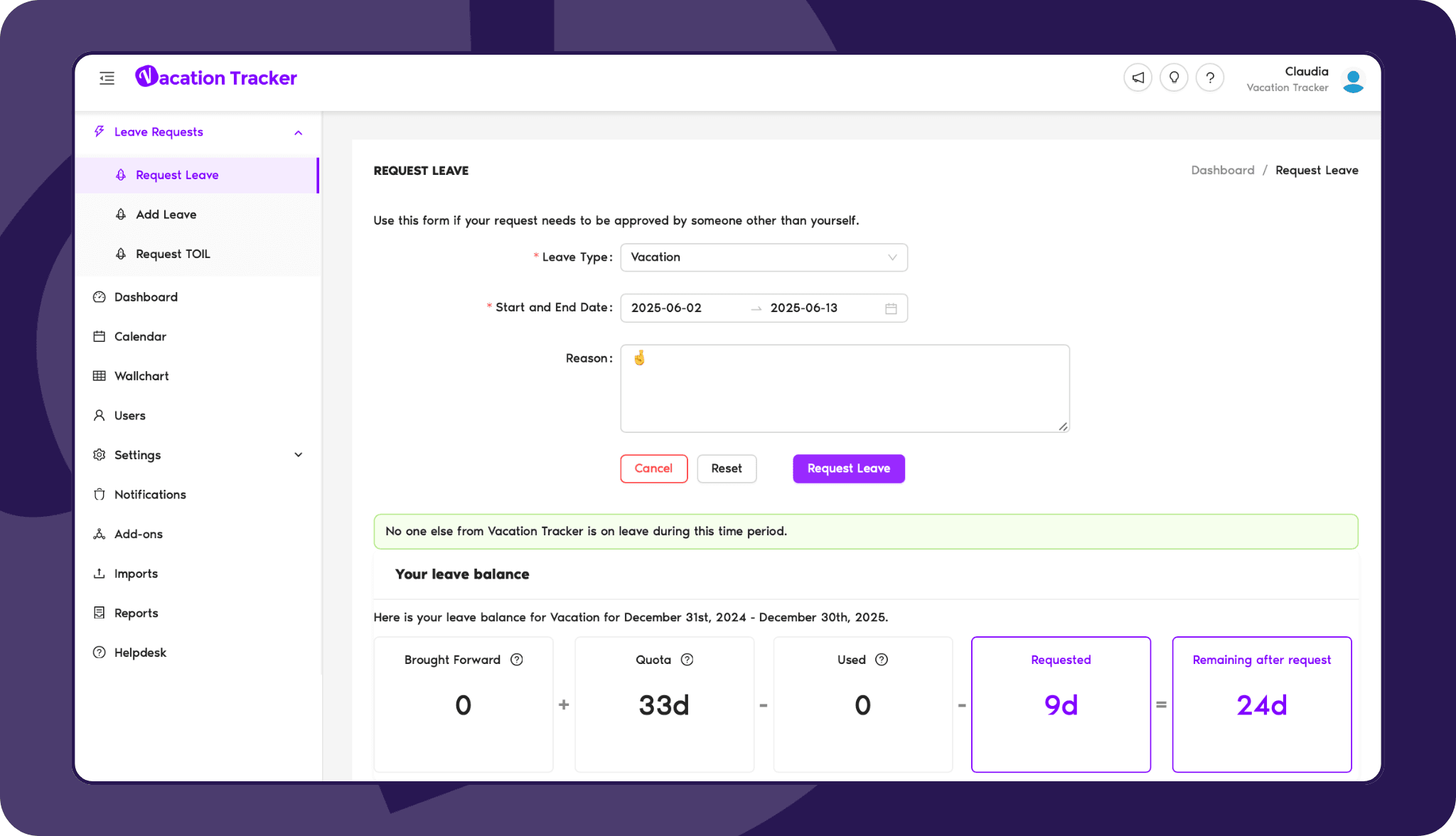 Request leave in Vacation Tracker