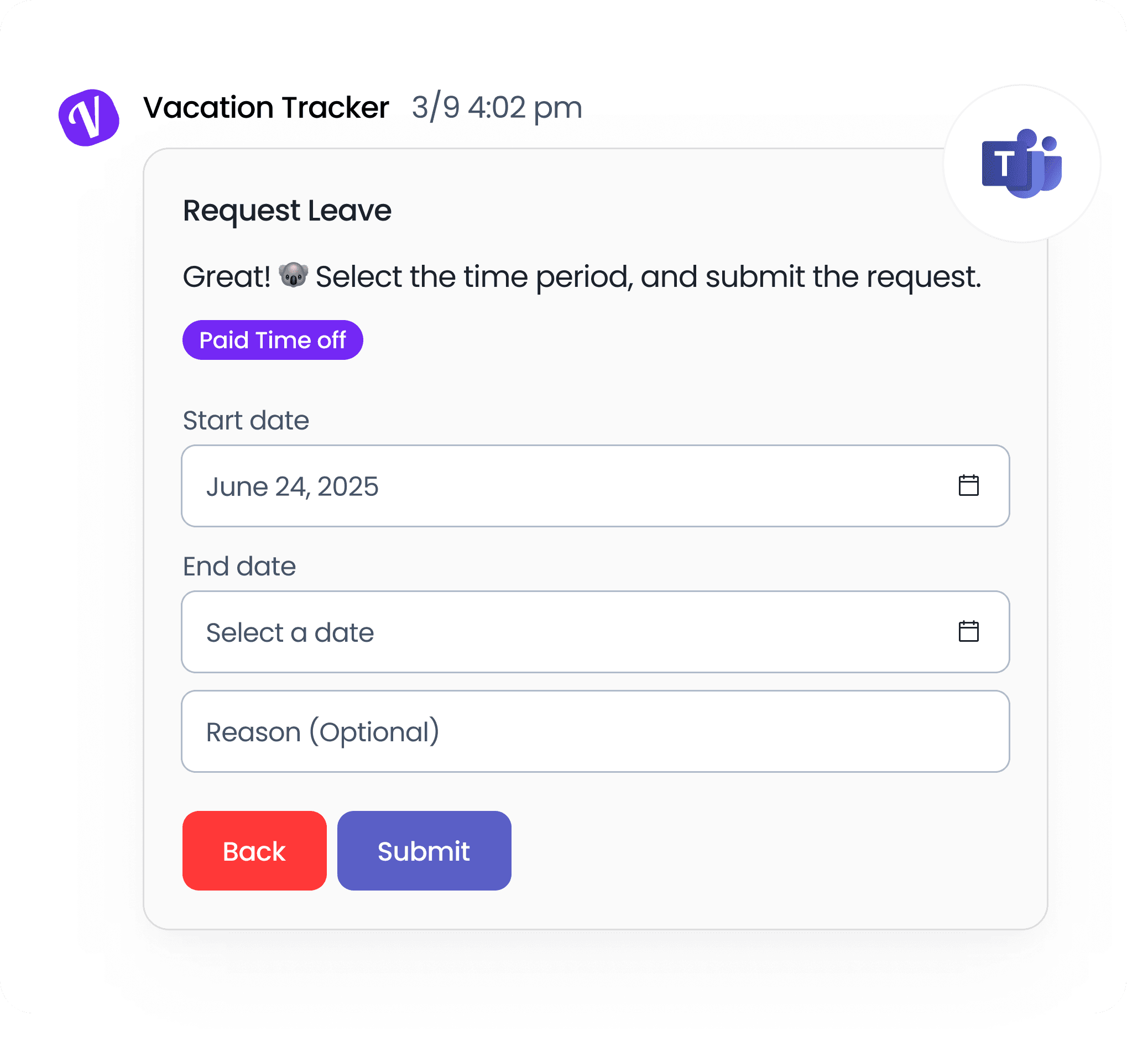 Request time off in Vacation Tracker Teams App