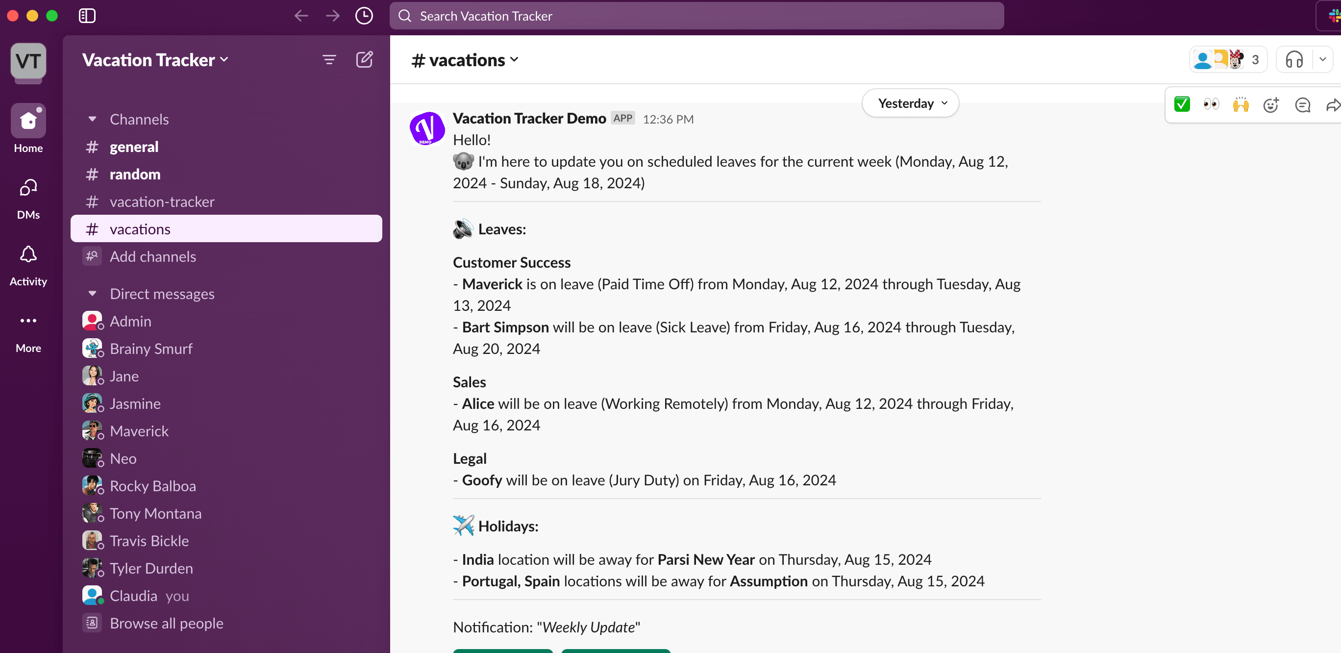 Vacation Tracker Slack integration showing scheduled leaves and holidays for different teams in a weekly update.