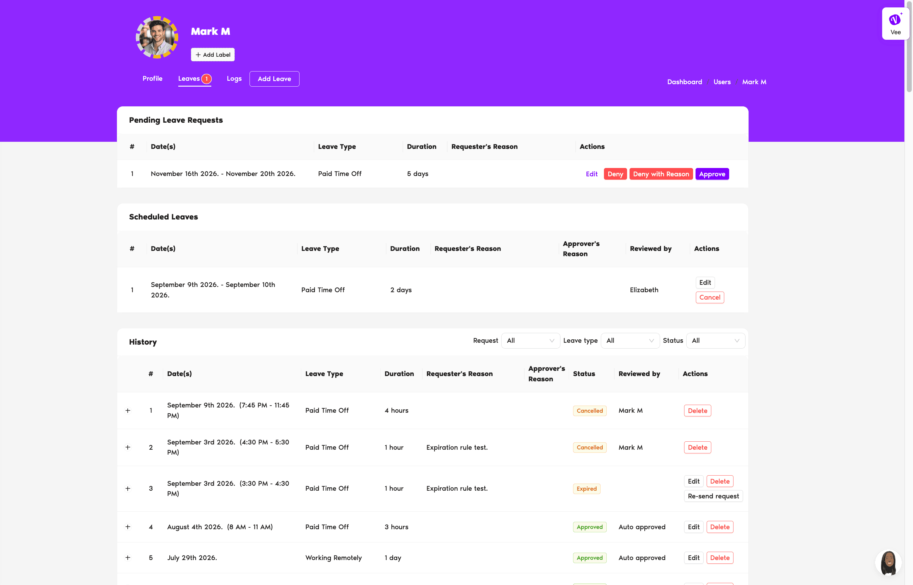 My Profile Leaves tab with the Pending Leave Requests, Scheduled Leaves, and History sections stacked down the page