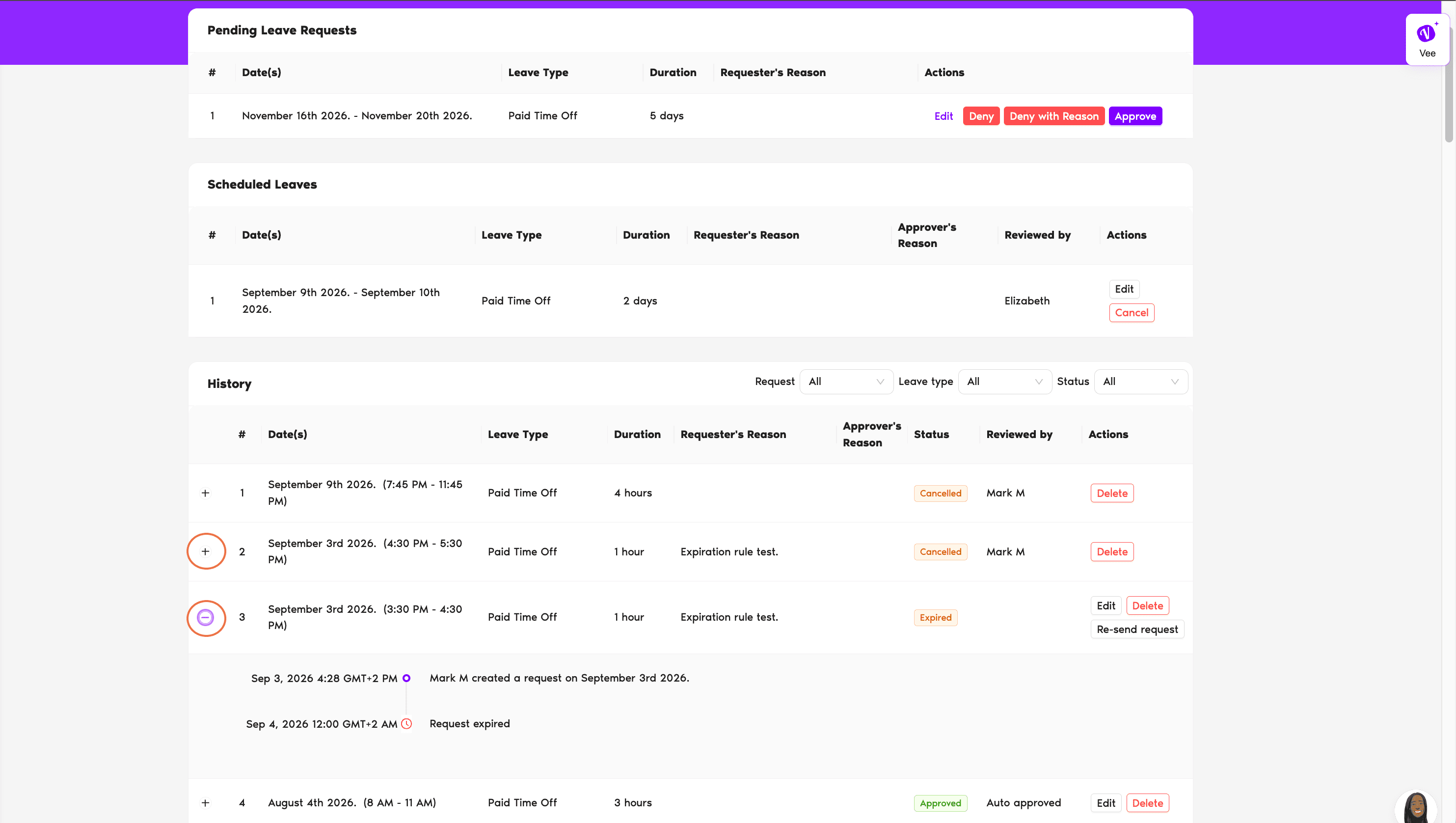 History row expanded to show the request timeline, with the created and resolved entries and their dates