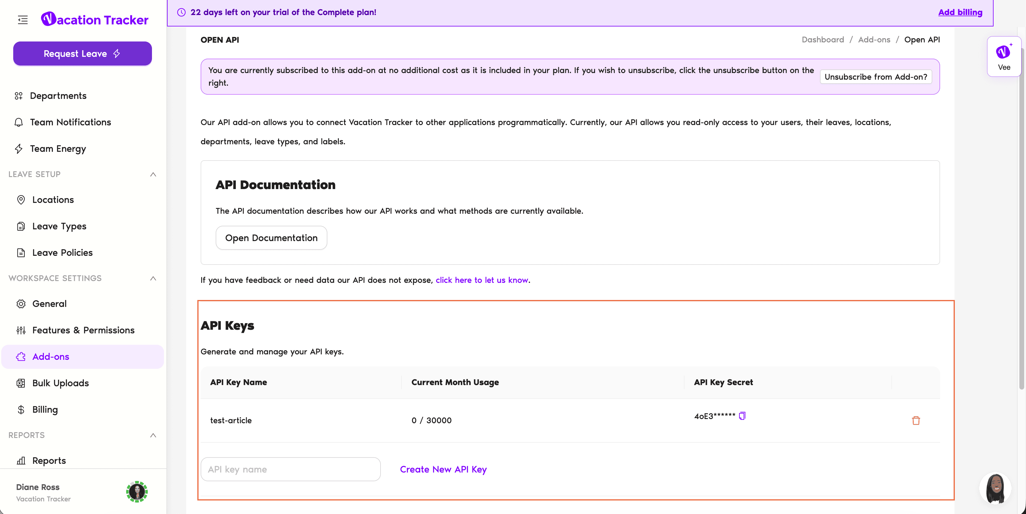 API Keys section of the Open API add-on page, showing a key row with its name, current month usage, masked secret with a copy icon, and the delete icon
