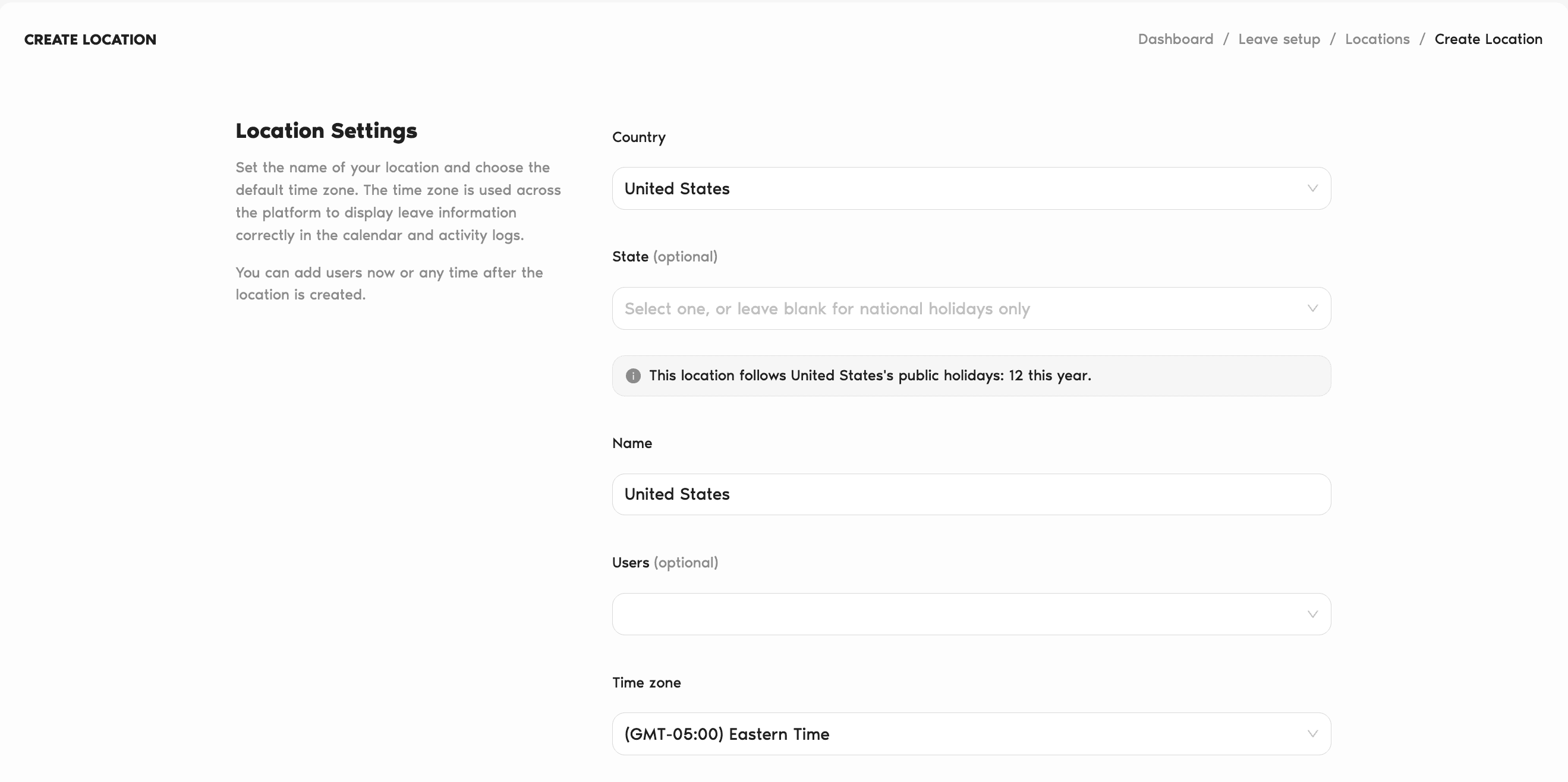 Create Location form in Vacation Tracker with United States selected as the Country, showing the public holidays note and the auto-filled Name and Time zone