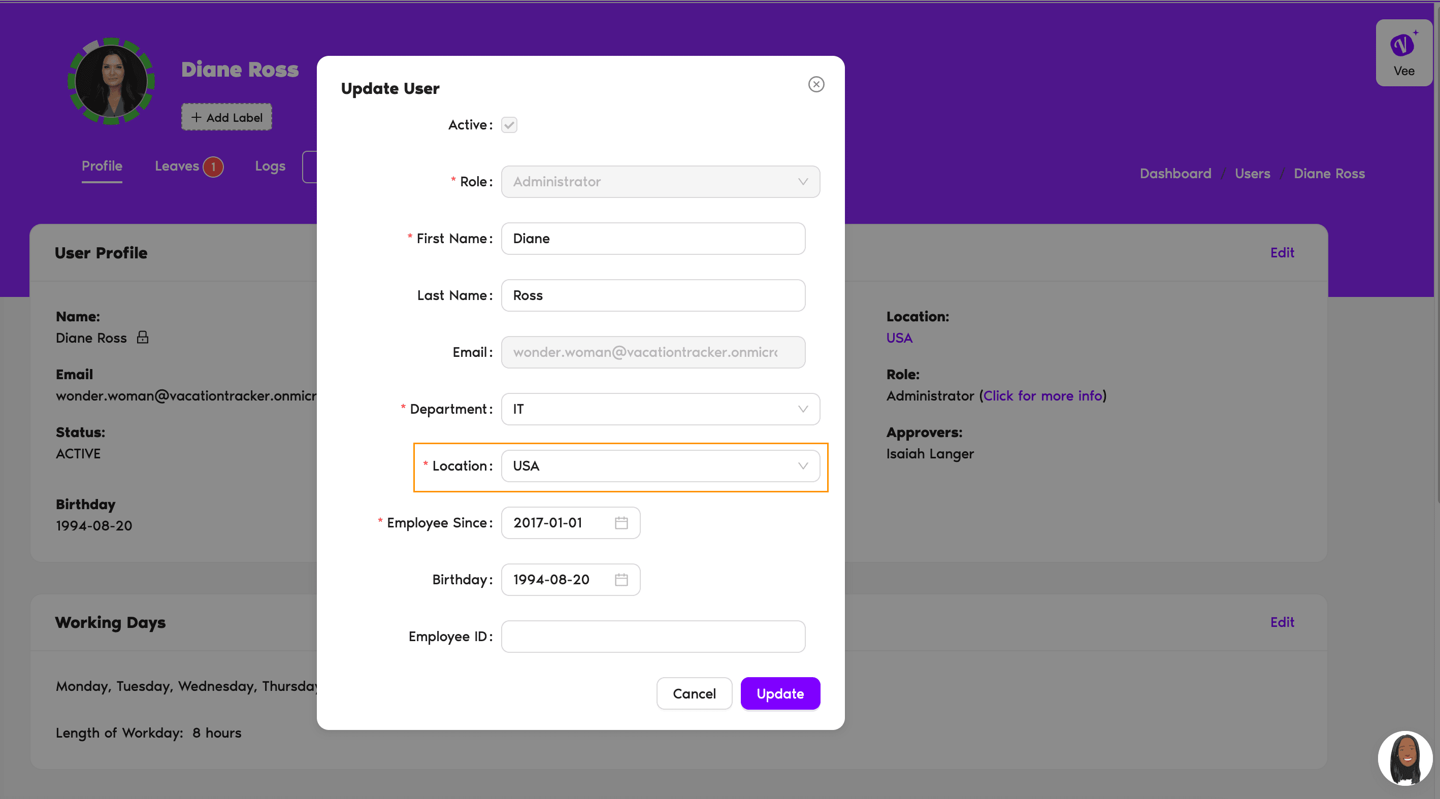 Fenêtre de modification du profil utilisateur avec la liste déroulante Site mise en évidence