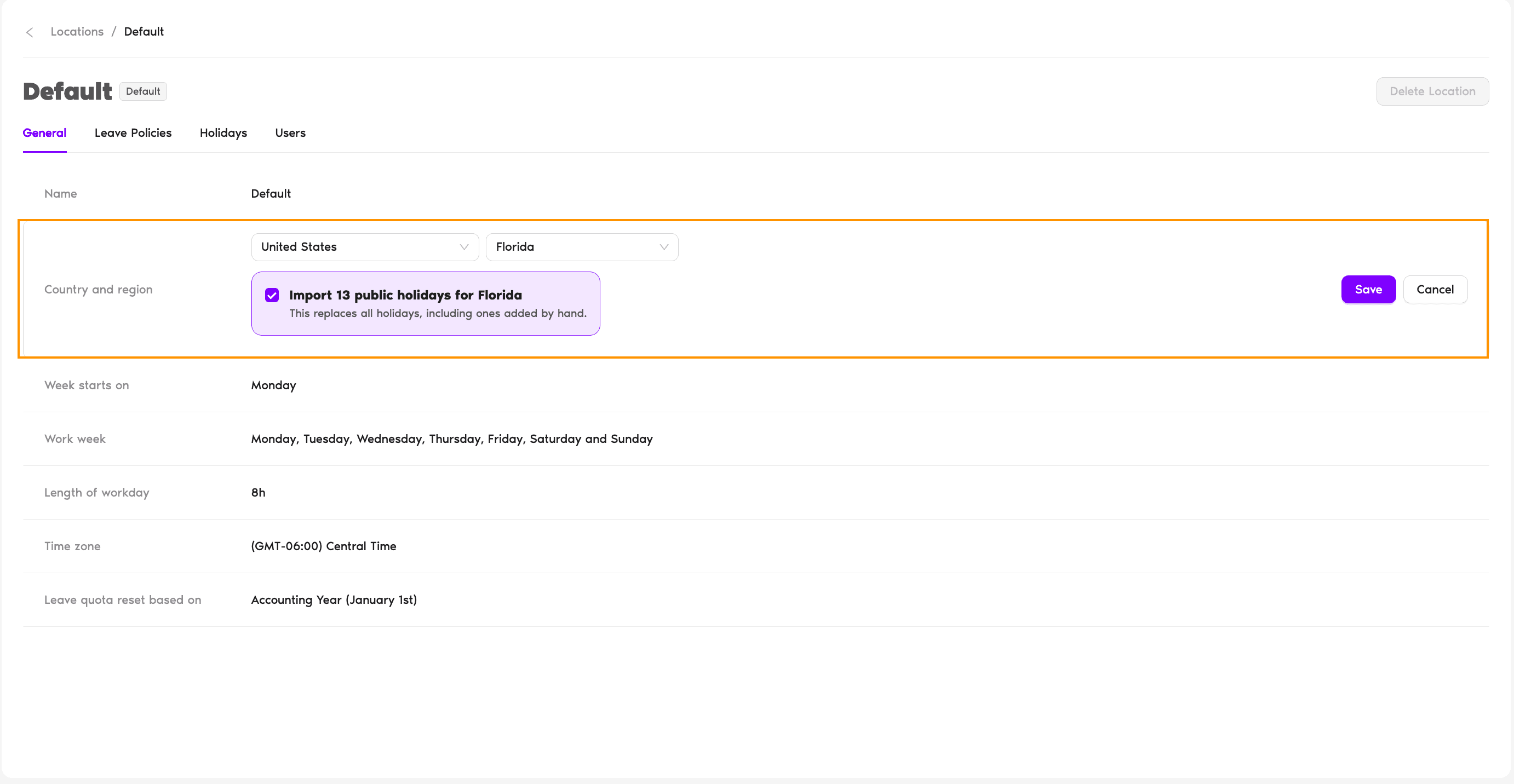 Country and region row on the Location's General tab, open for editing with a new region selected and the Import public holidays checkbox