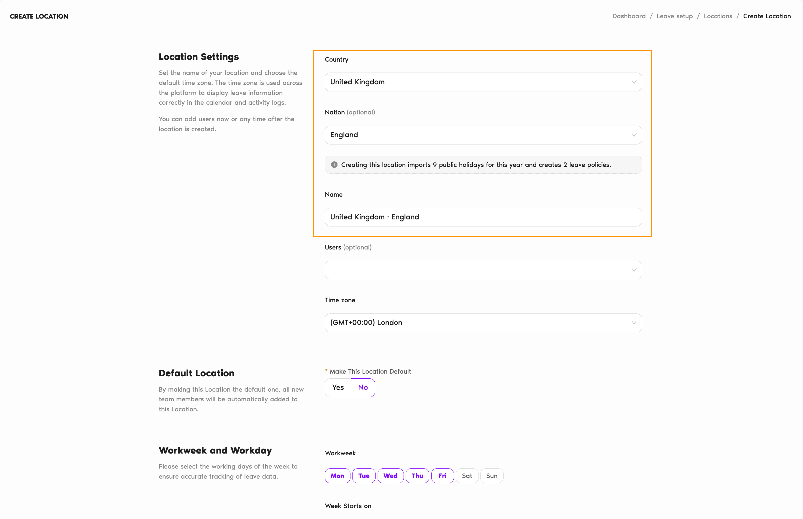 Create Location form with a Country and State selected and the note showing how many public holidays will be imported