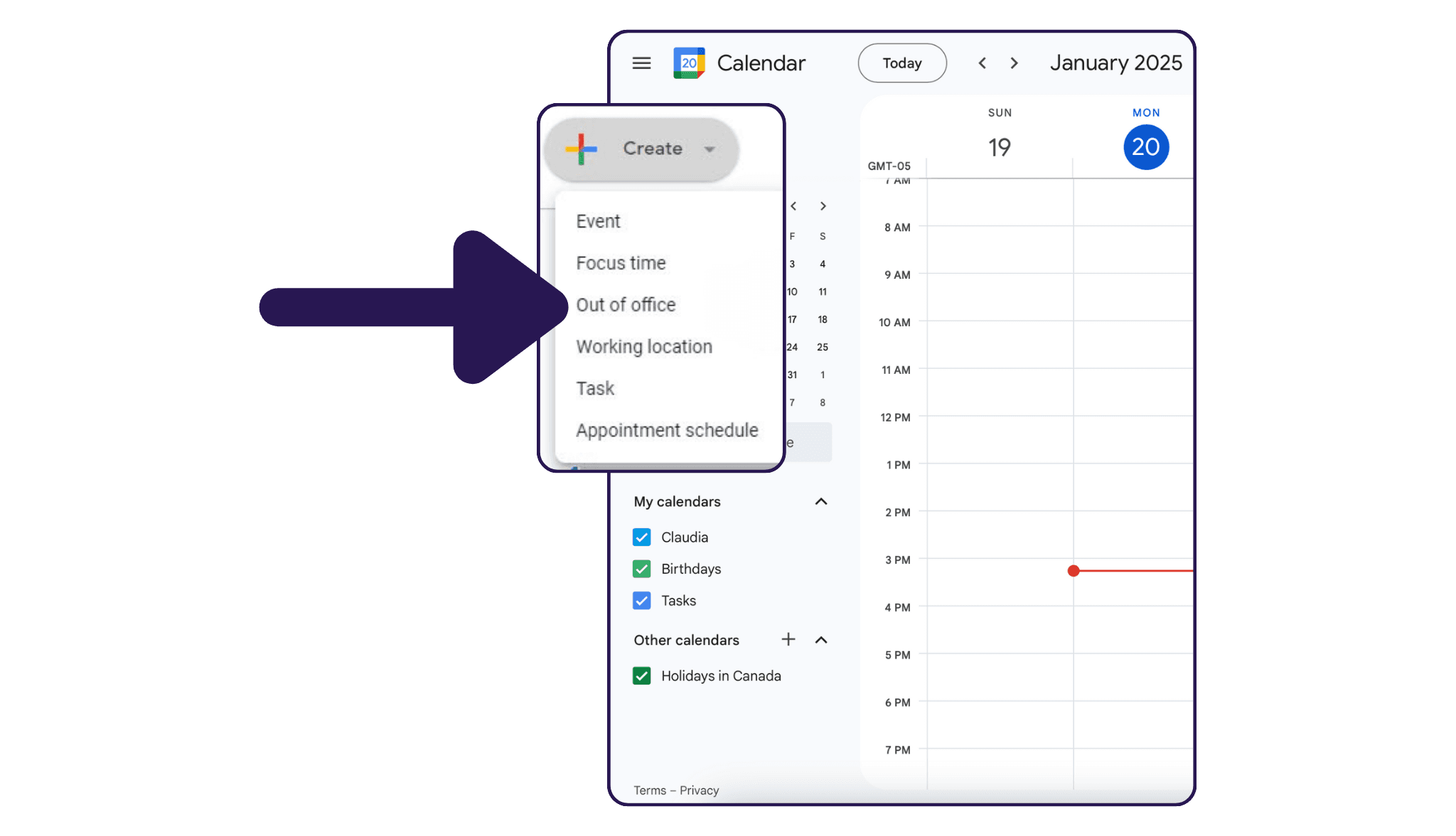 Select Out of Office Event in Google Calendar