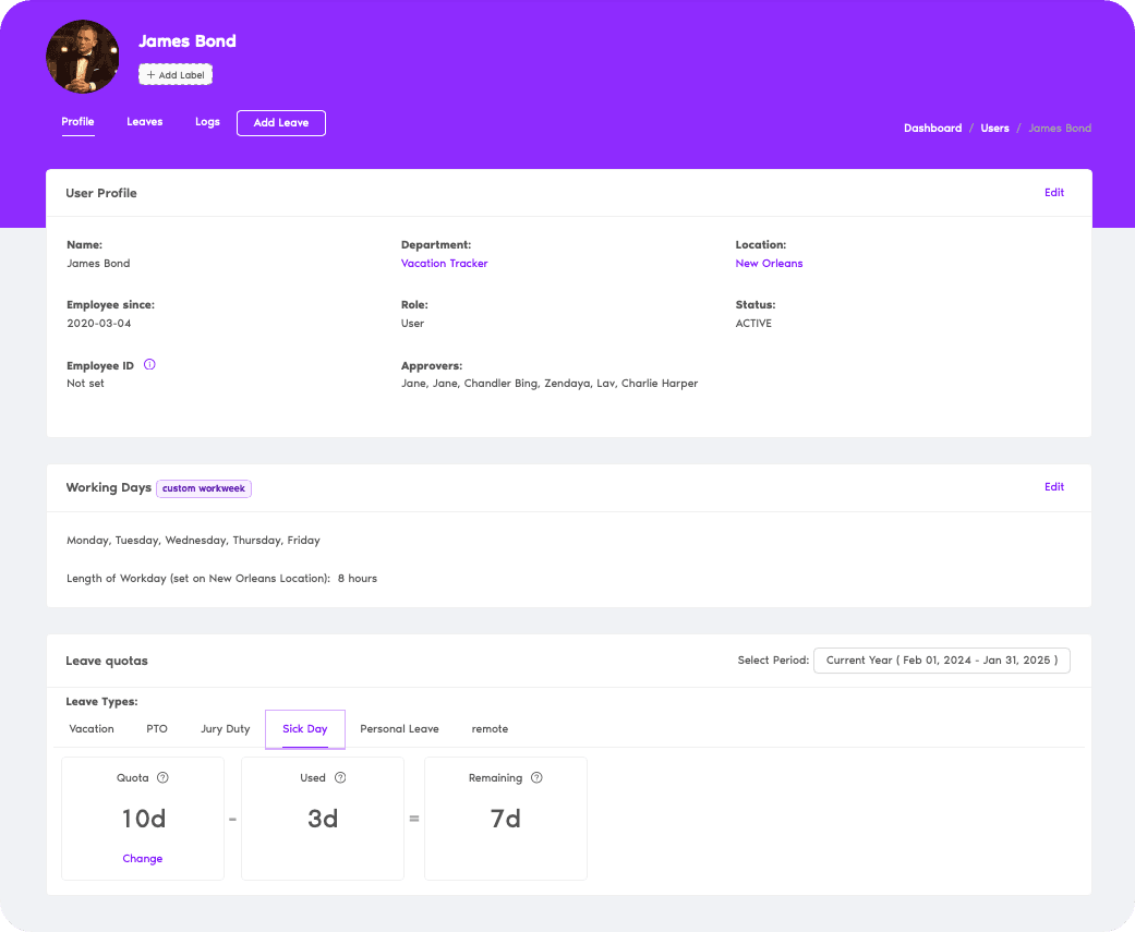 User Profile in Vacation Tracker