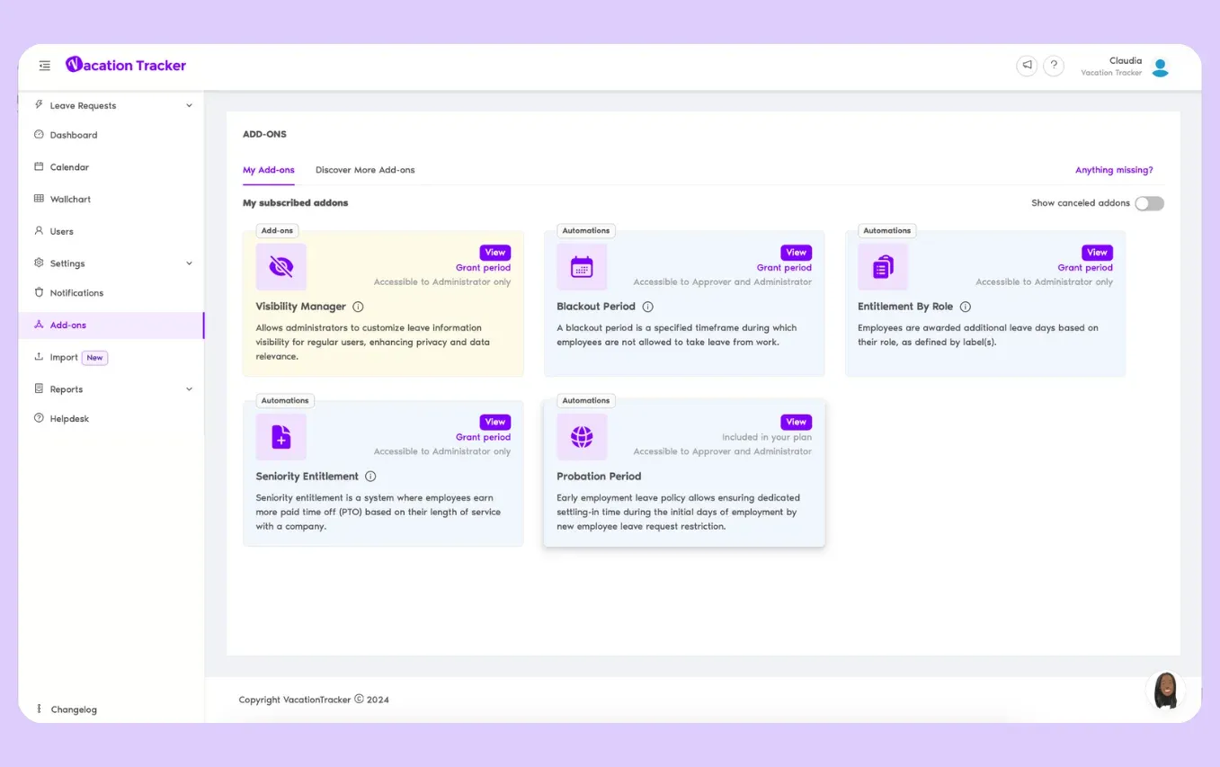 Probation Period add-on shown on the Add-ons page in Vacation Tracker