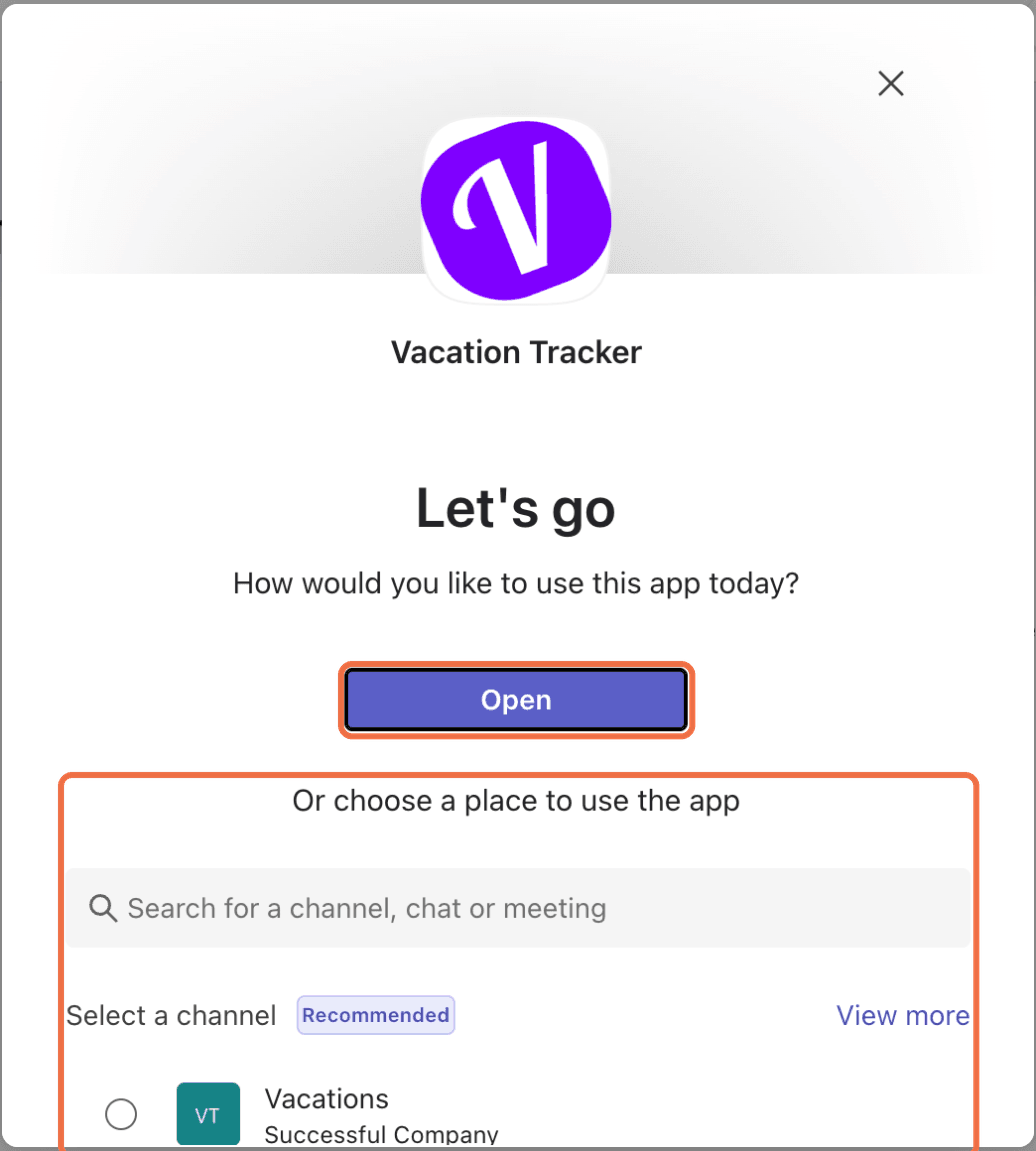 Vacation Tracker in the Teams Apps store with the Add options open