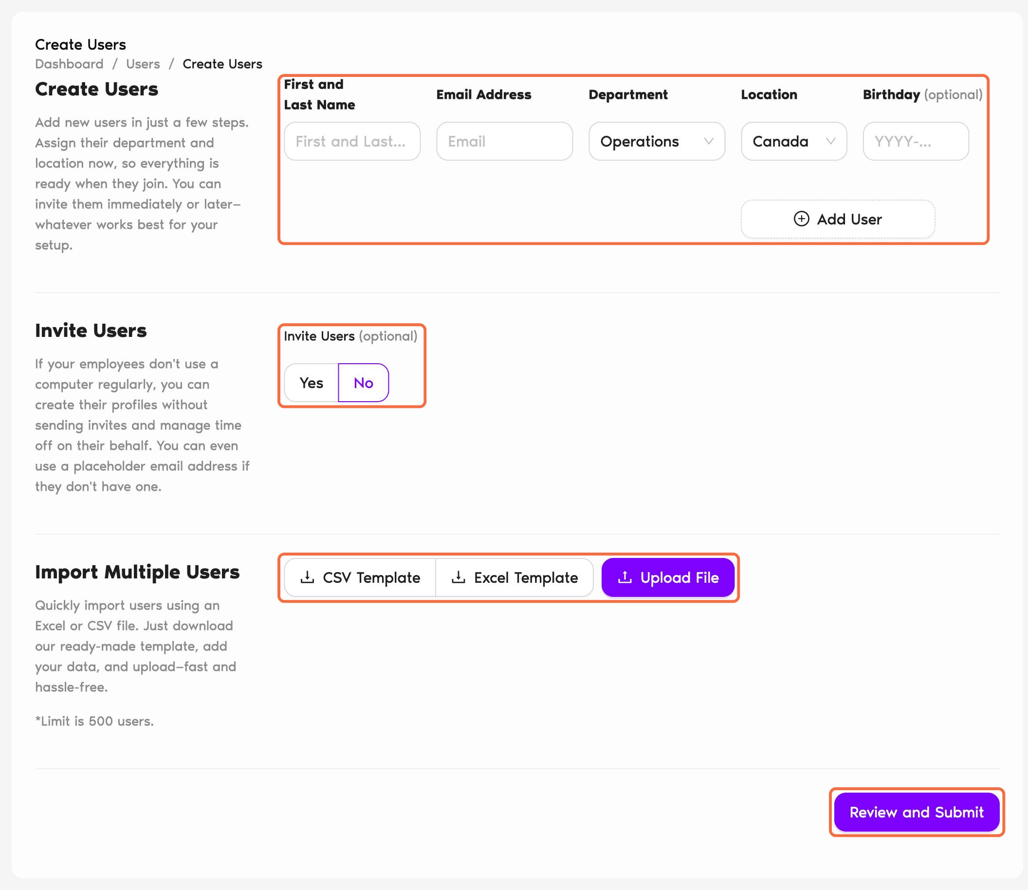 Create Users page with Creating a User, Inviting a User and Importing Users in Bulk