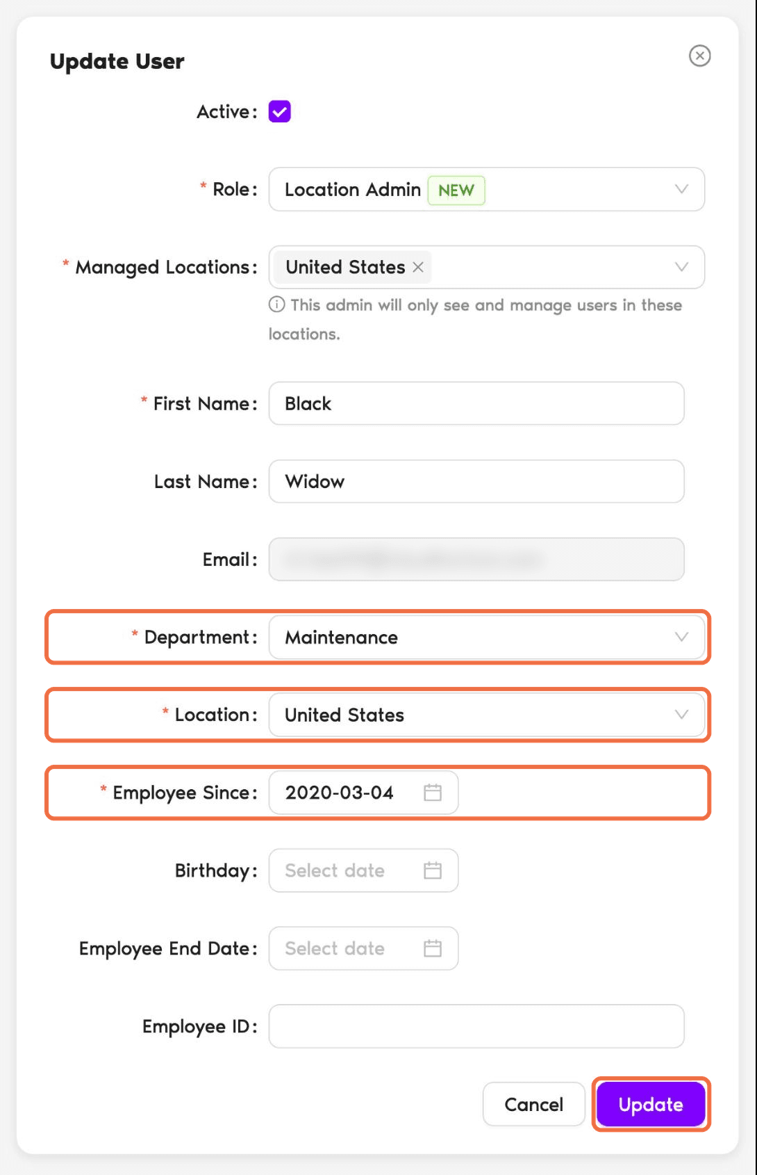 Update User form with Department, Location and Employee Since