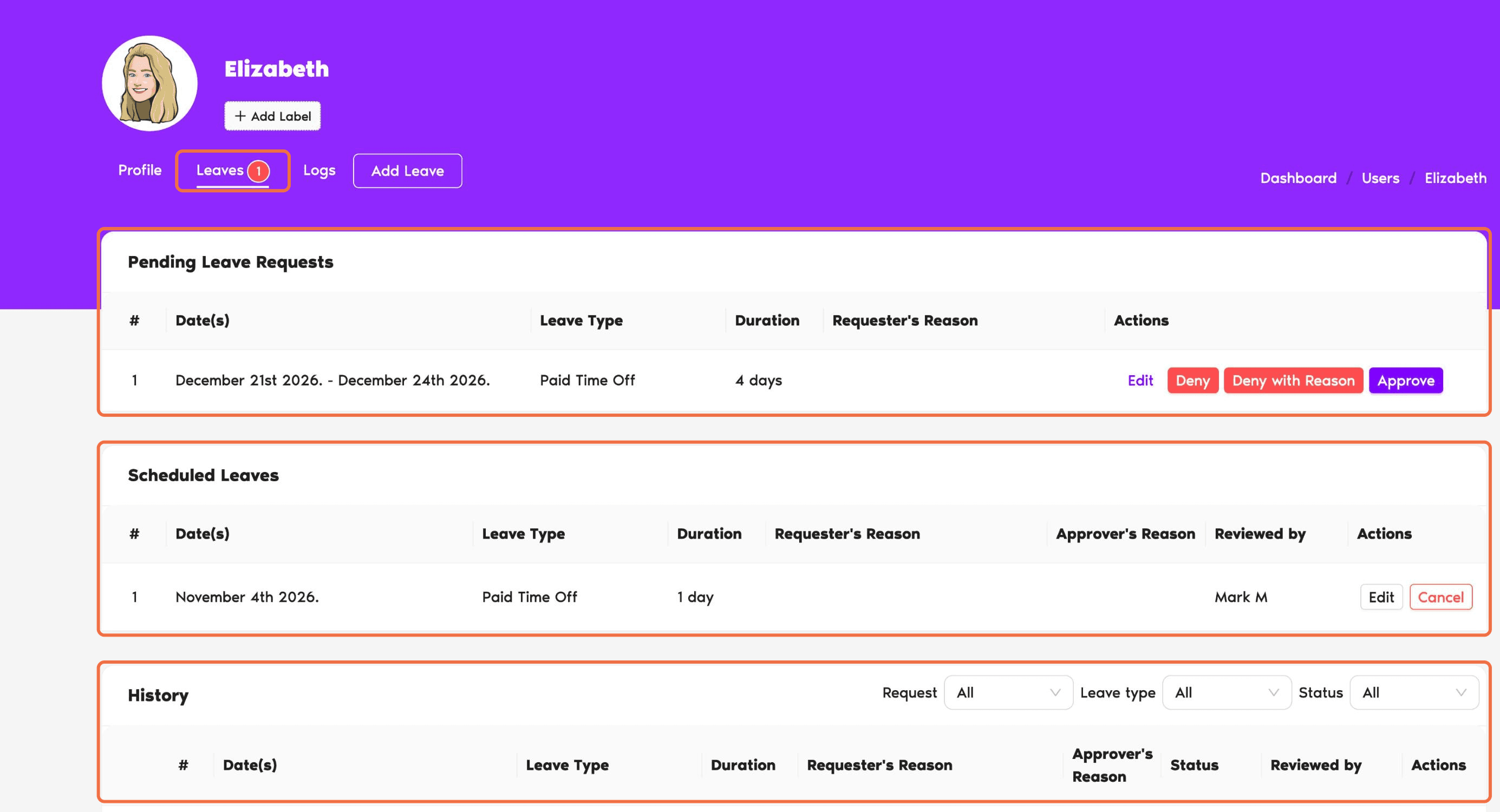 Leaves tab on a user's profile with Pending Leave Requests, Scheduled Leaves and History