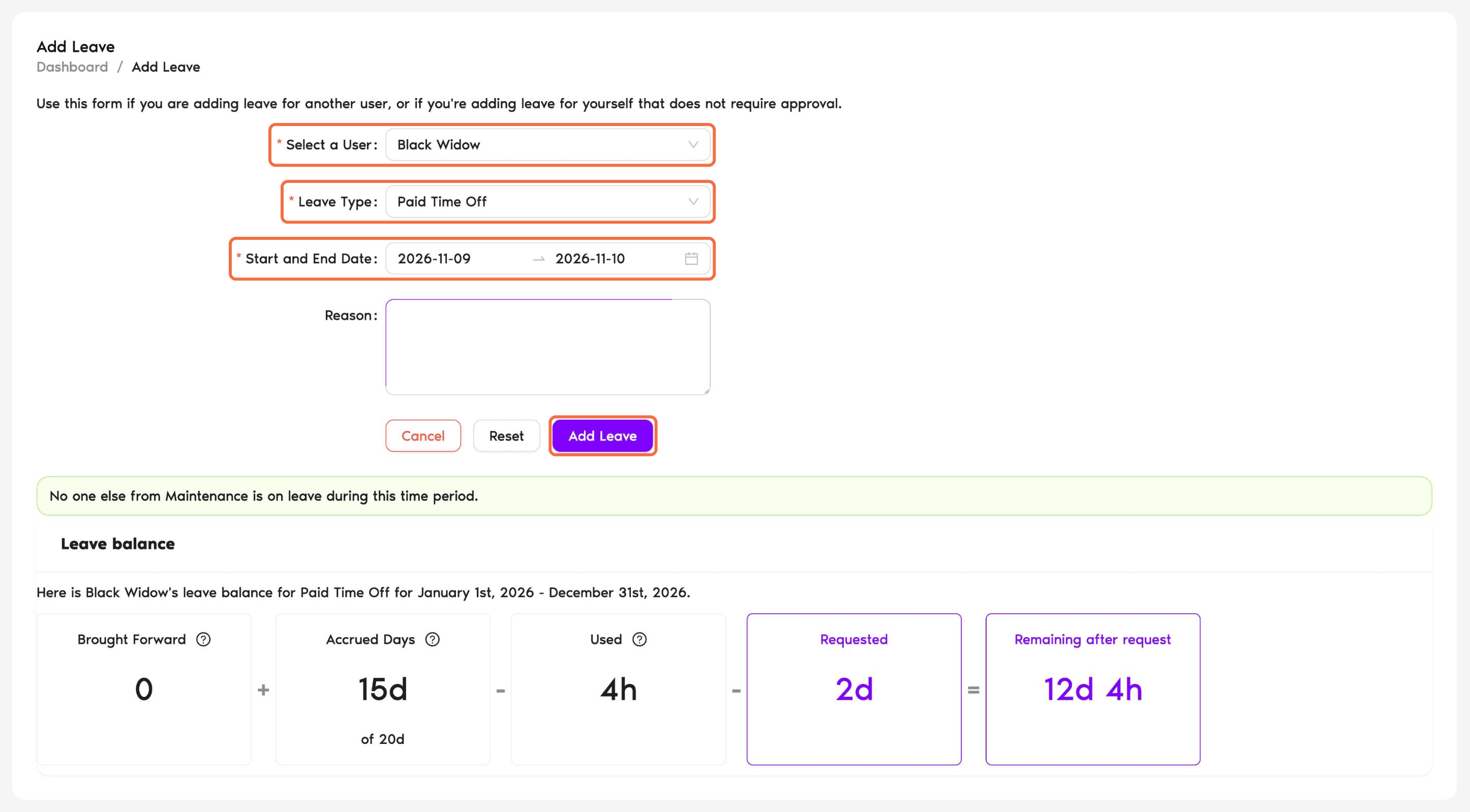 Add Leave form with Select a User, Leave Type and Start and End Date