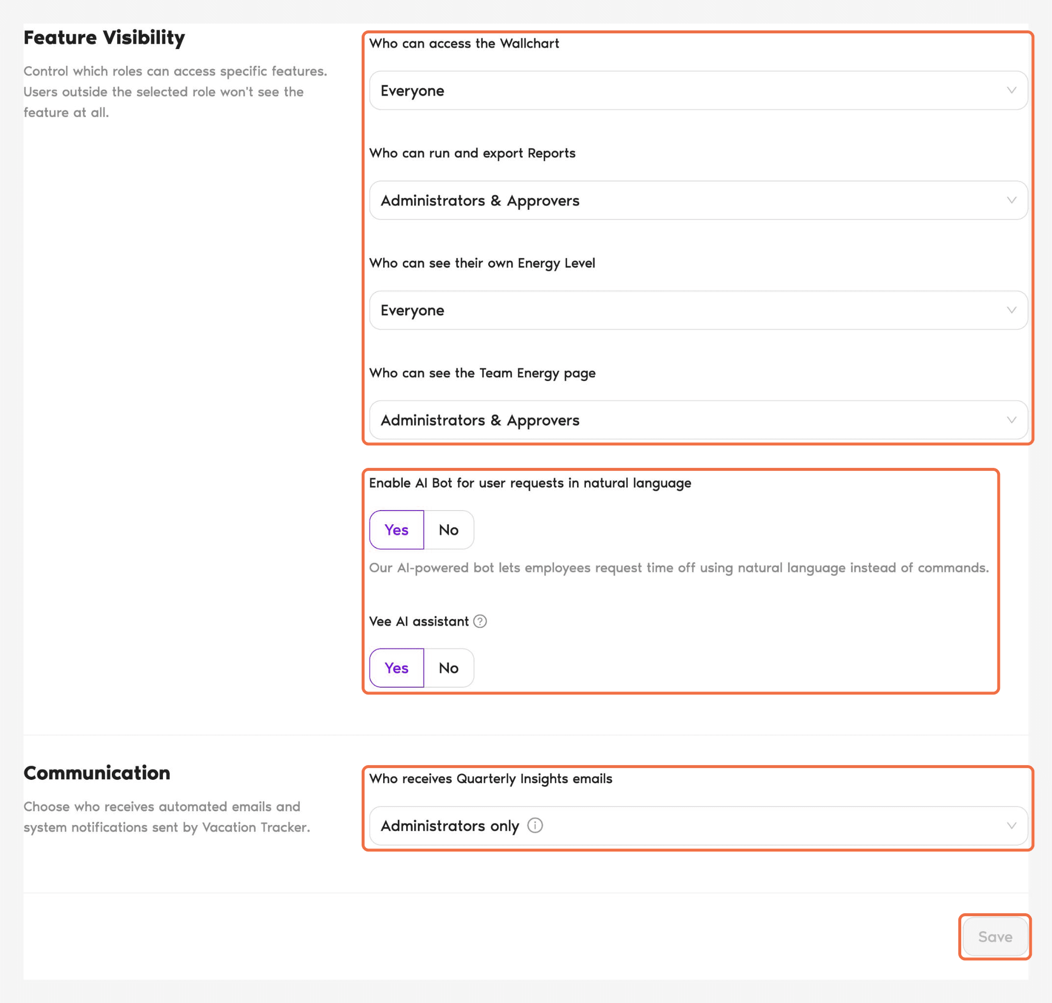 Features & Permissions page showing Feature Visibility options and the Save button