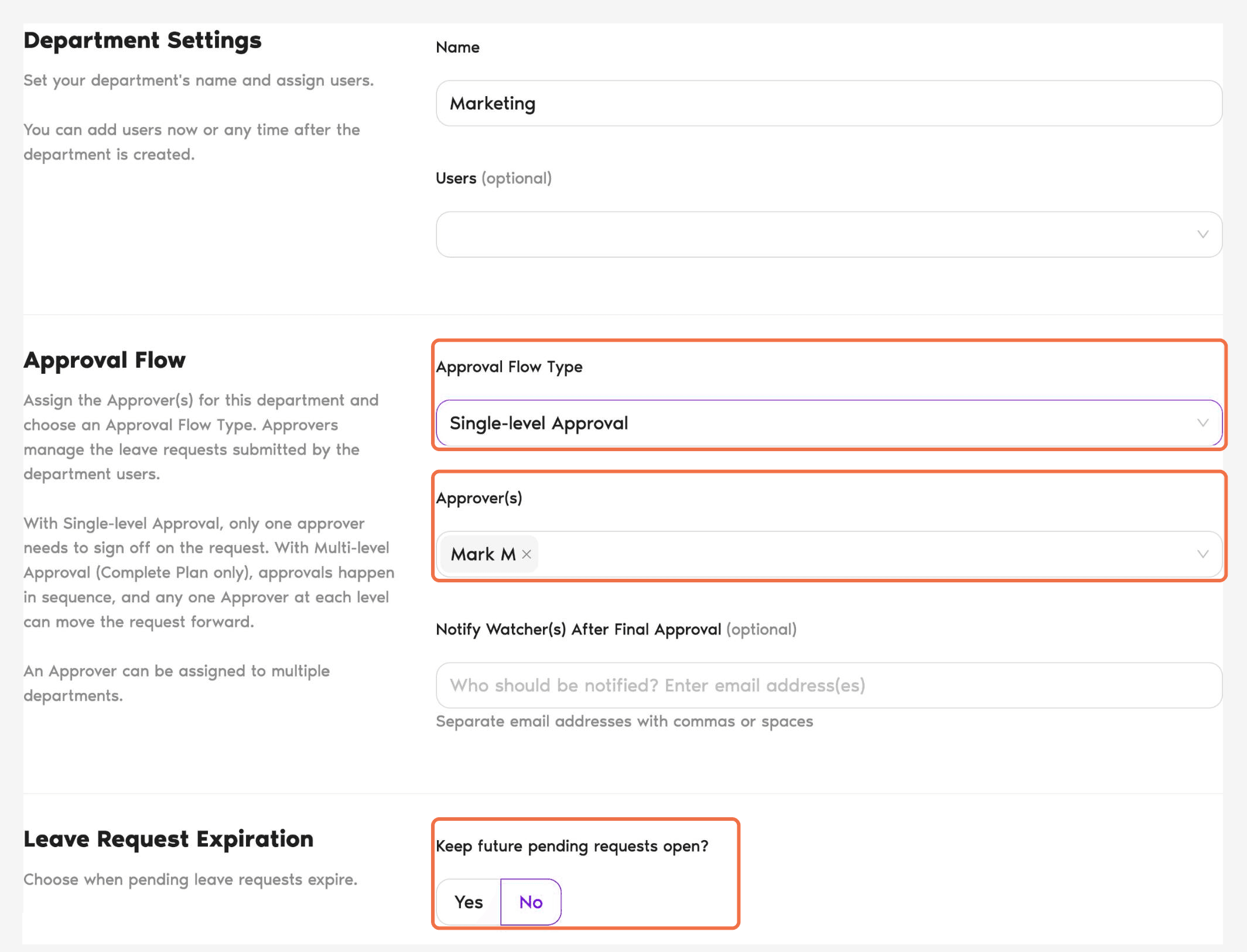 Create Department form showing Approval Flow Type, Approver(s) and Keep future pending requests open?