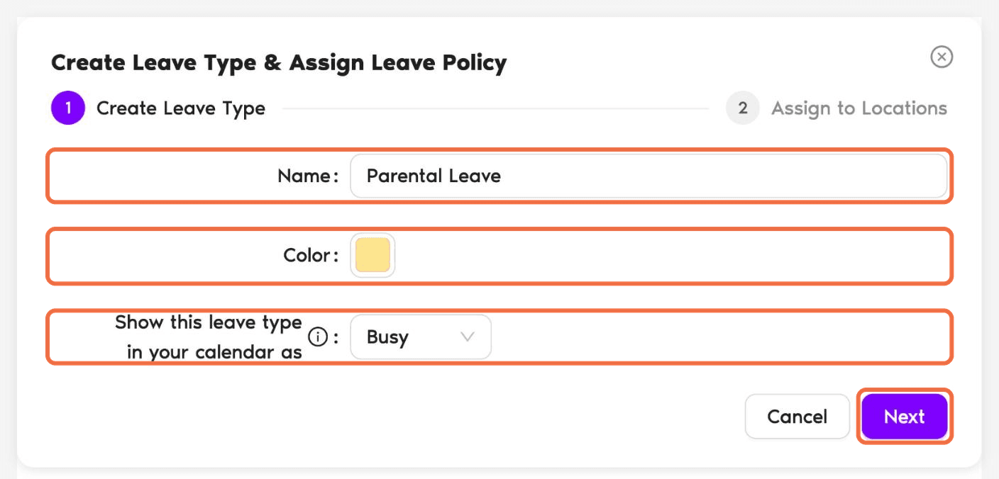 Create Leave Type dialog with Name, Color and the calendar Busy setting