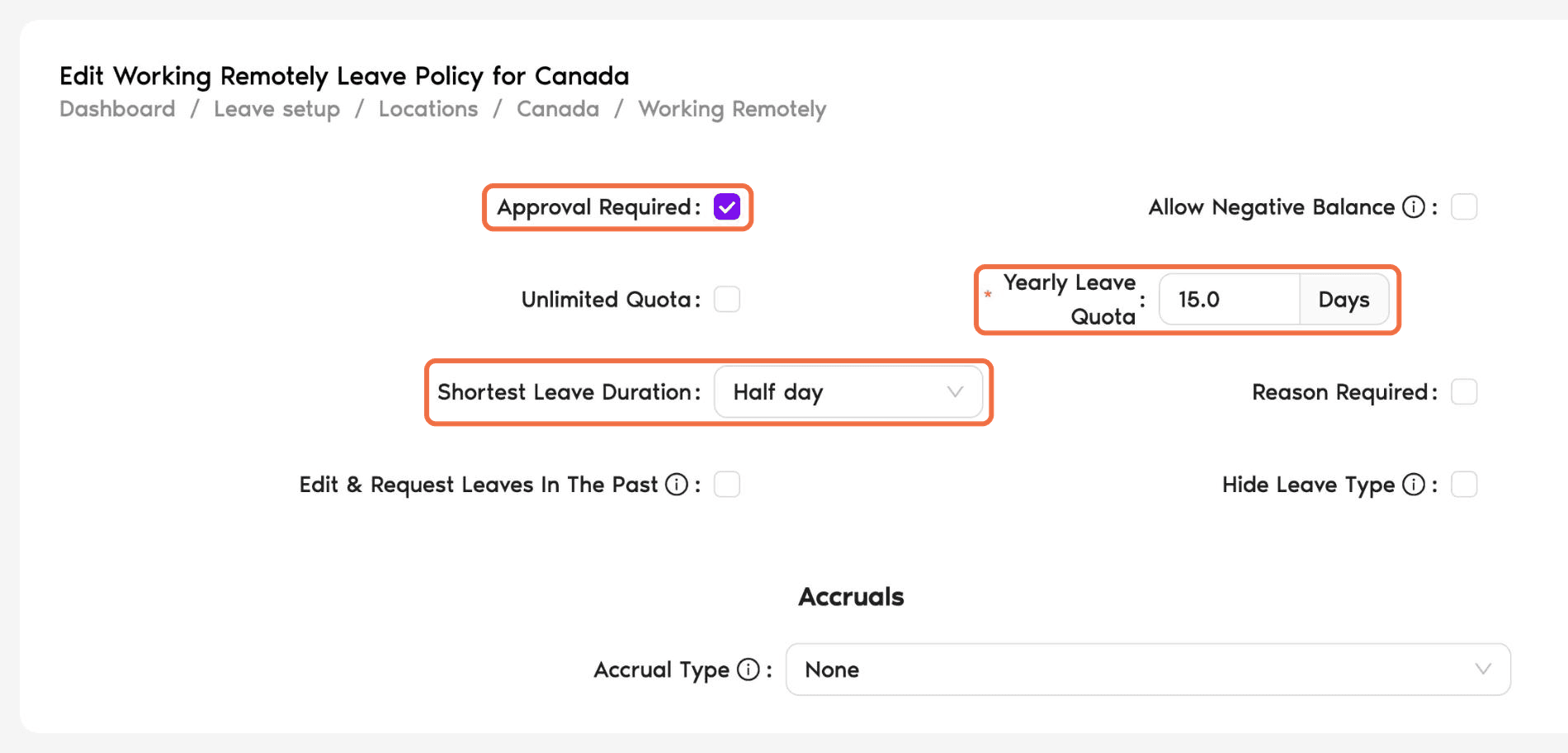 Edit Leave Policy page for one Location, showing Approval Required, Yearly Leave Quota and Shortest Leave Duration