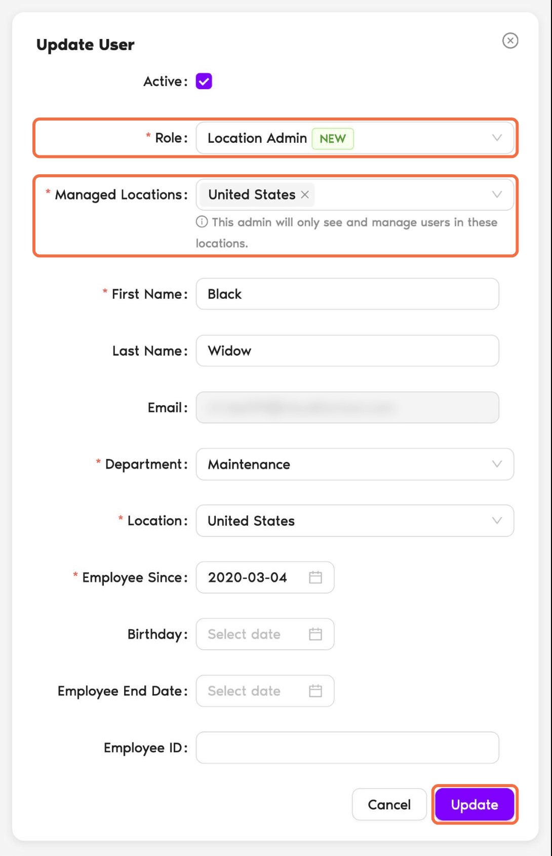 Update User form with Role set to Location Admin and the Managed Locations field showing