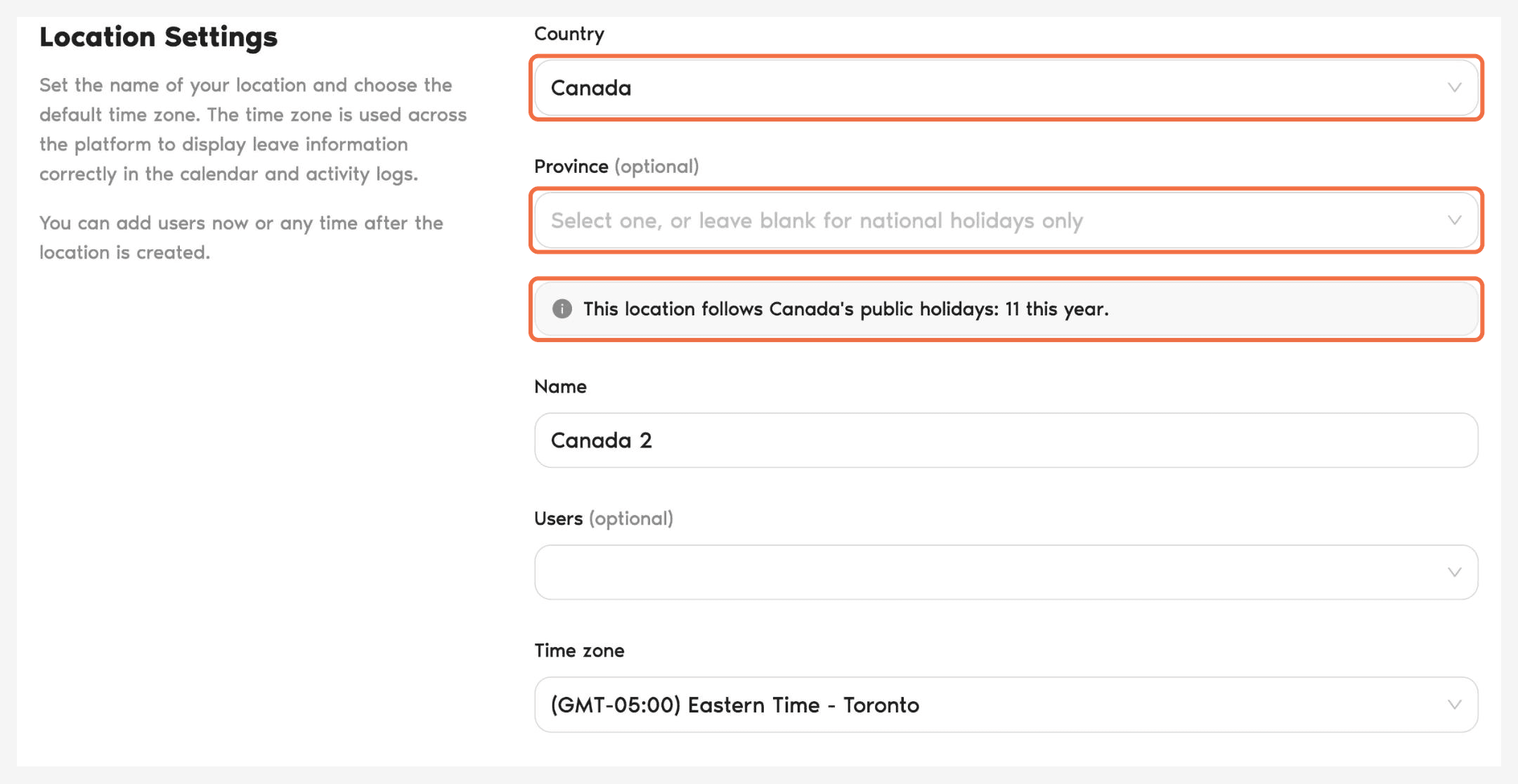 Create Location form with Country selected, showing the optional region field and the public holidays note