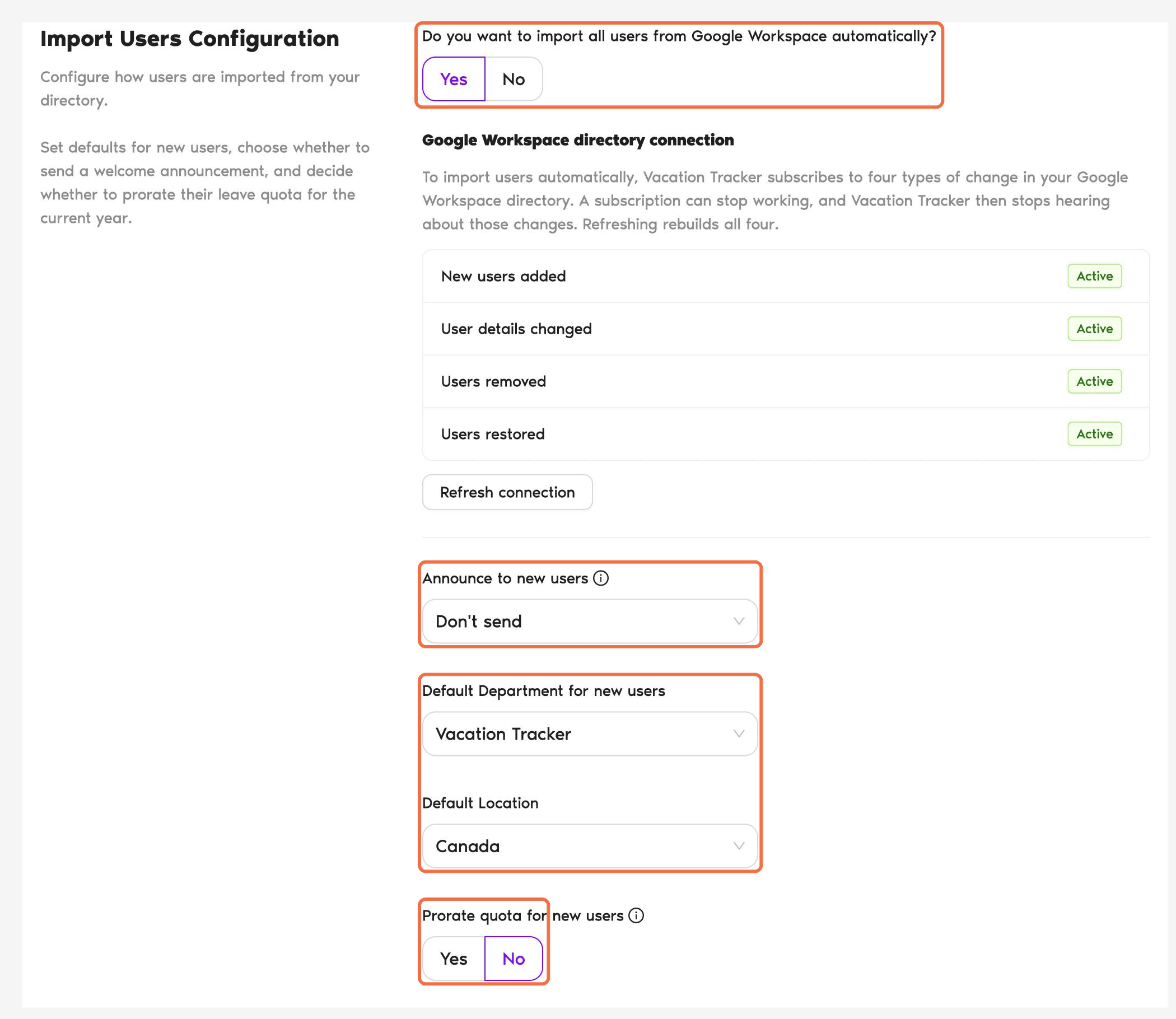 Import Users Configuration under Workspace Settings > General, showing automatic import, default Department and Location, and prorate