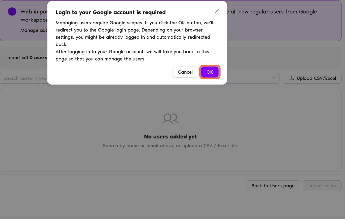 Import Users page with Yes, import all, No, I'll select users and Upload CSV/Excel