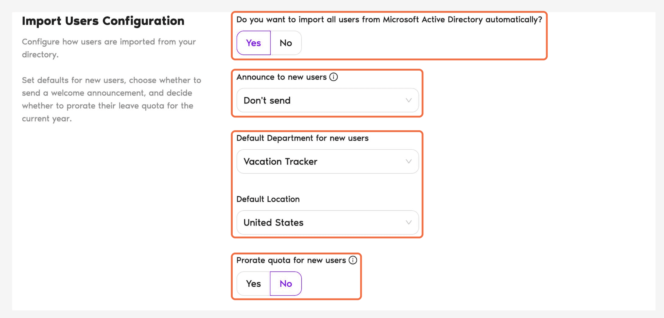 Import Users Configuration under Workspace Settings > General, showing automatic import, default Department and Location, and prorate