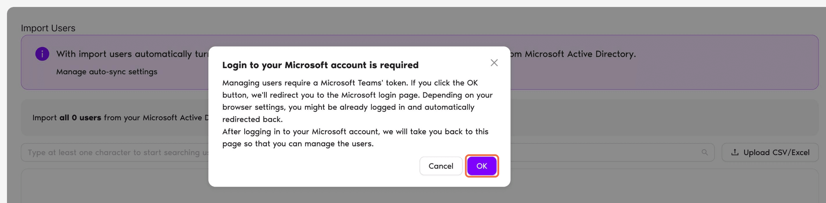 Users page with the Add Users button and the Microsoft sign-in prompt