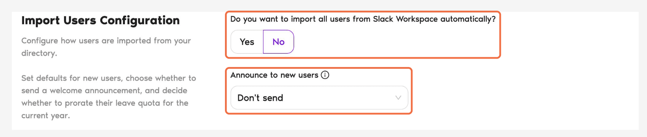 Import Users Configuration under Workspace Settings > General, showing automatic import, default Department and Location, and prorate