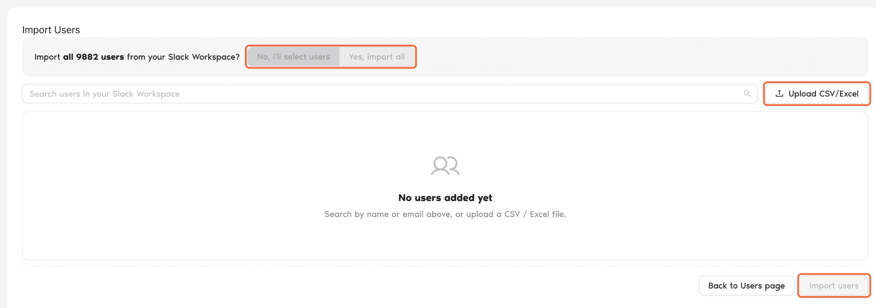 Import Users page with Yes, import all, No, I'll select users and Upload CSV/Excel