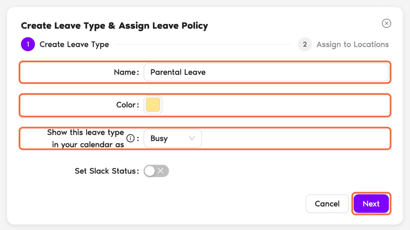 Create Leave Type dialog with Name, Color and the calendar Busy setting