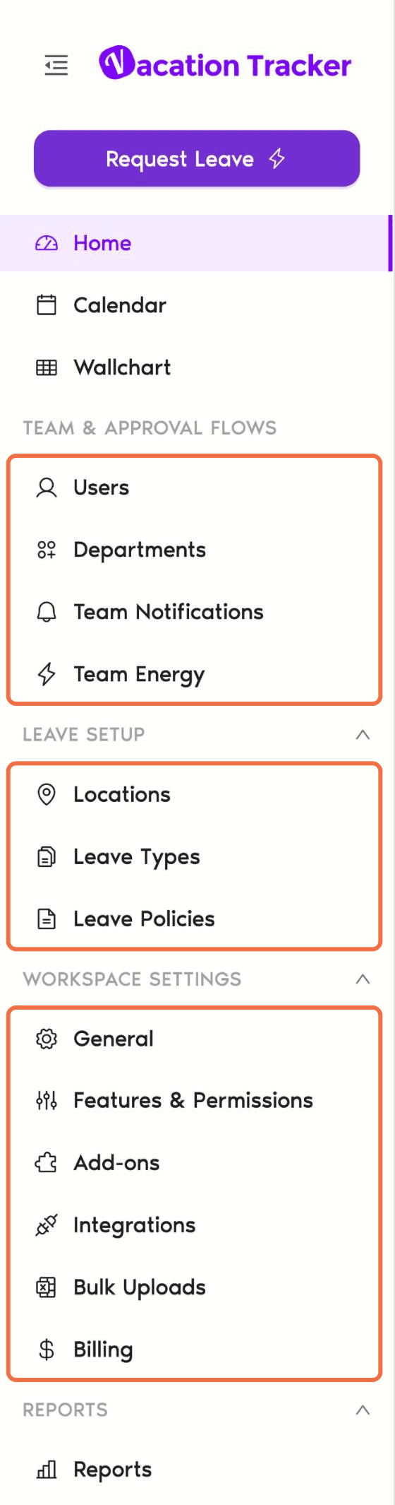 Left-hand menu in the Vacation Tracker dashboard for an Administrator