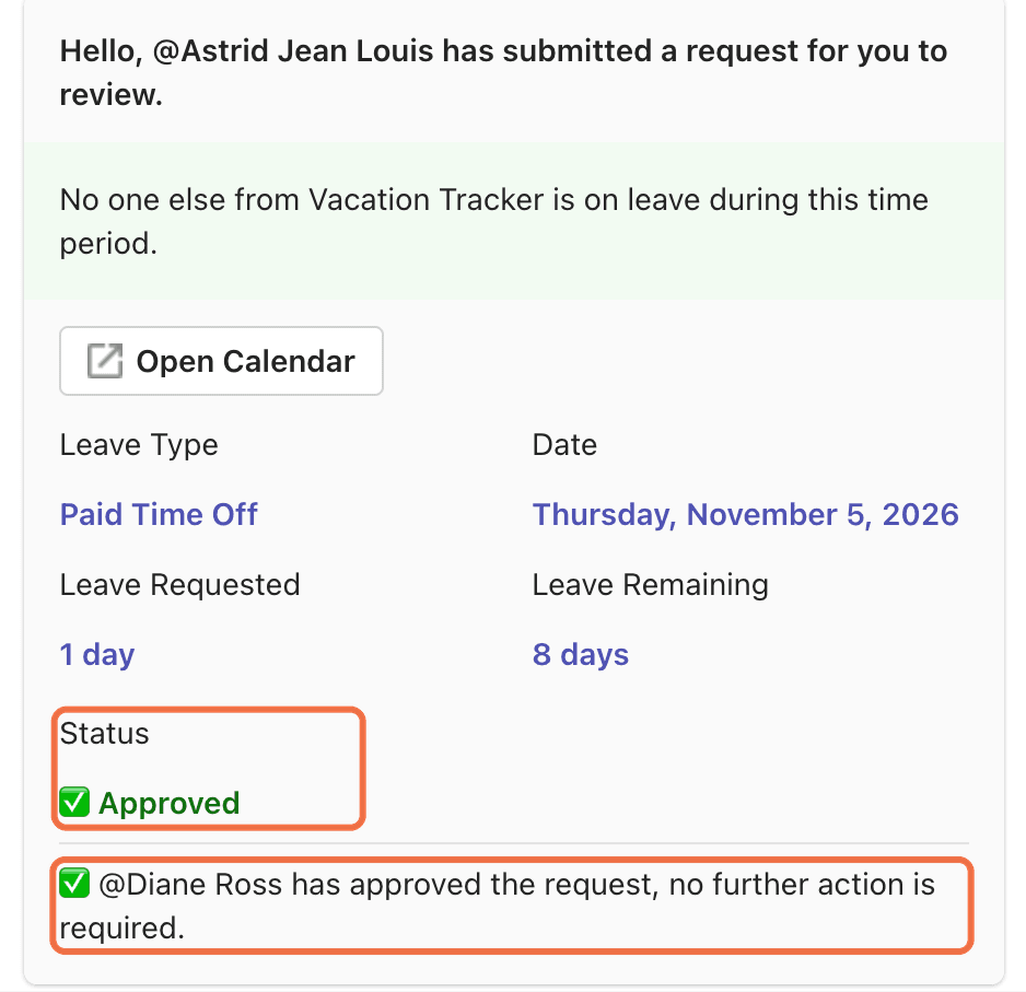 Message du bot mis à jour dans Teams indiquant État : Approuvé et qui a approuvé la demande