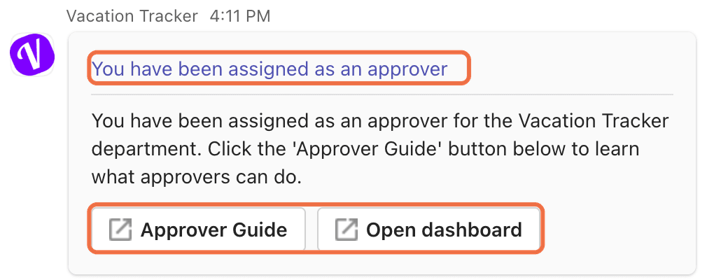 Message Vous avez été désigné comme approbateur dans Teams avec Guide de l'approbateur et Ouvrir le tableau de bord