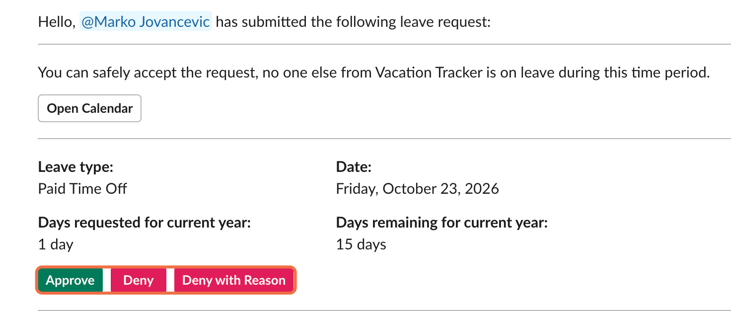 Message de l'application Vacation Tracker dans Slack avec les boutons Approuver, Rejeter et Motiver votre rejet