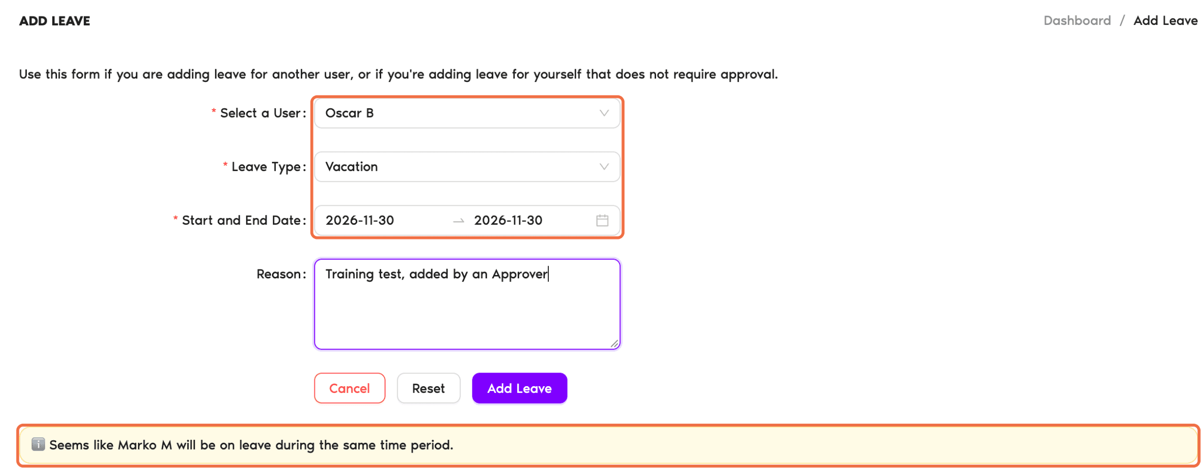 Add Leave form with Select a User, Leave Type, dates and the line showing who else is on leave