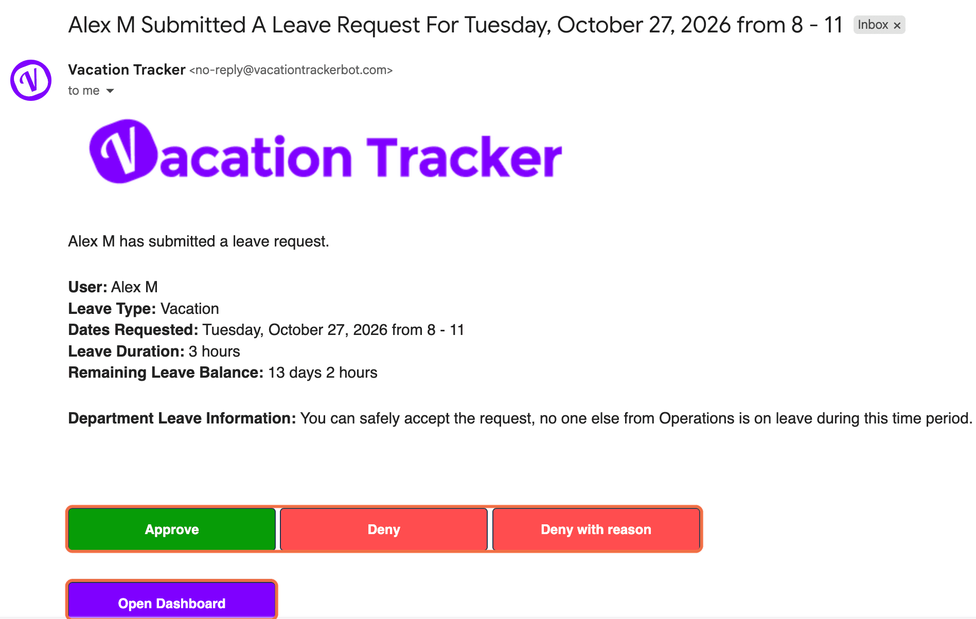 Leave request email with Approve, Deny, Deny with reason and Open Dashboard buttons