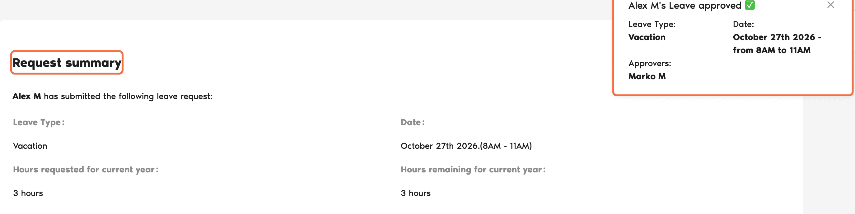 Request summary page that opens after you click a button in the email