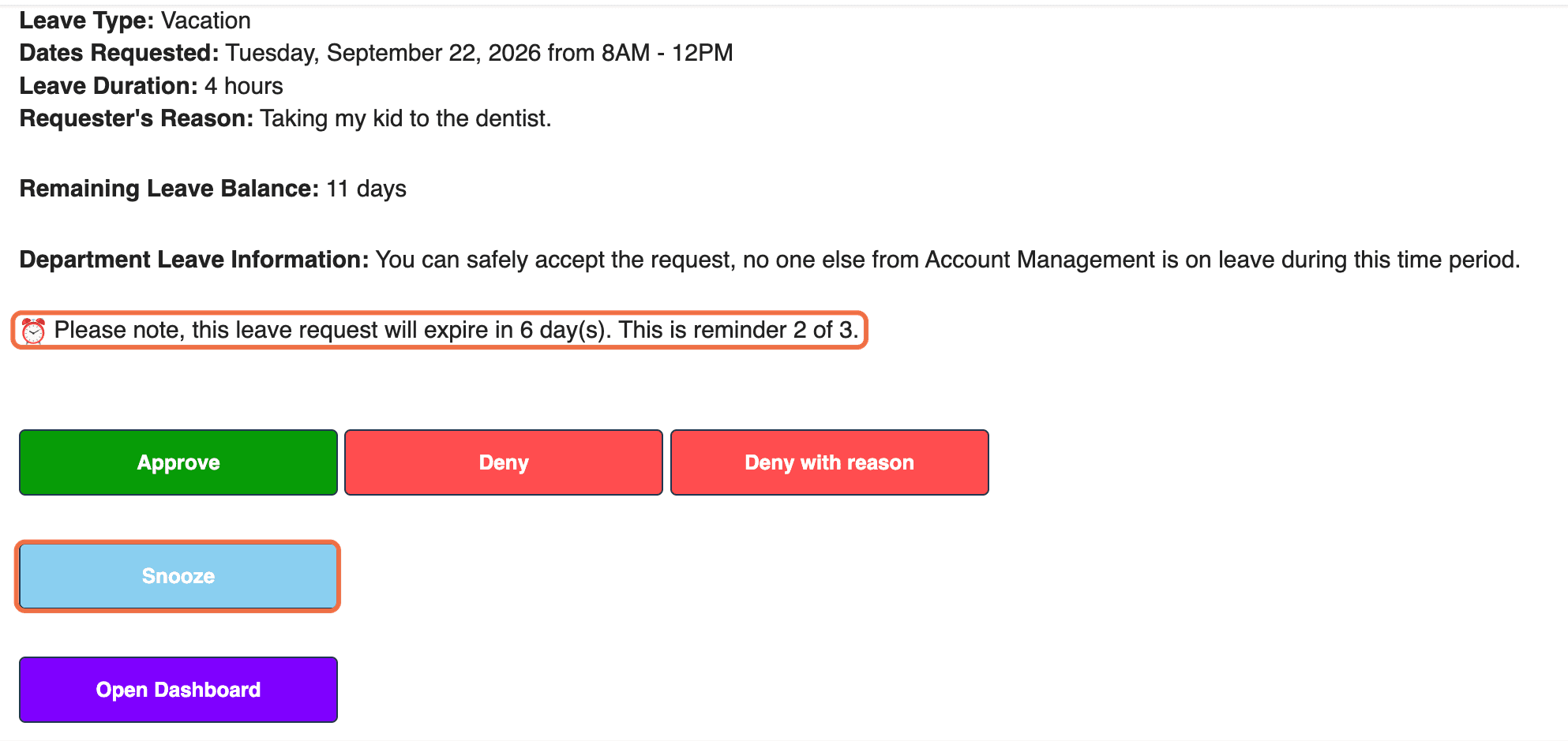 Reminder email showing when the request expires and the Snooze button