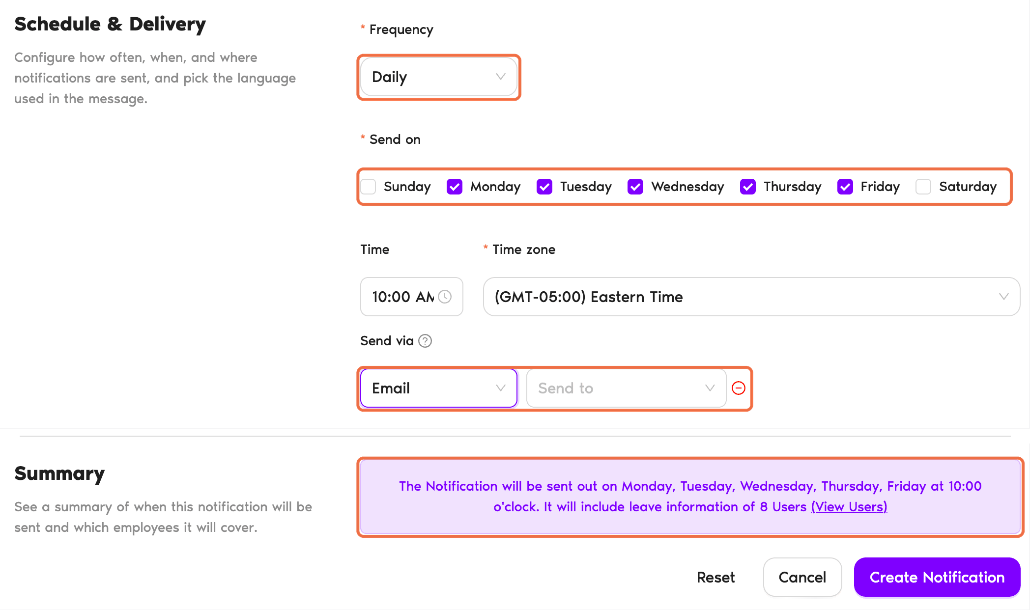 Formulaire de nouvelle notification avec la fréquence, les jours d'envoi, le mode d'envoi et le résumé