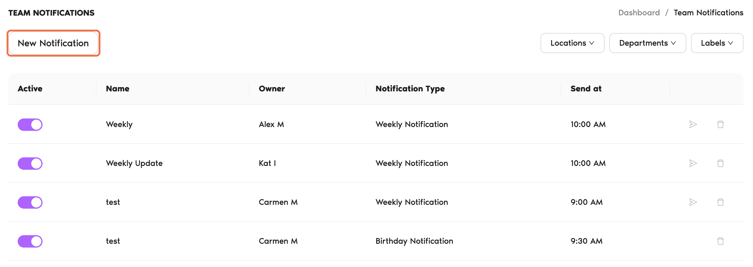 Page Notifications d'équipe avec la liste des notifications que vous avez créées