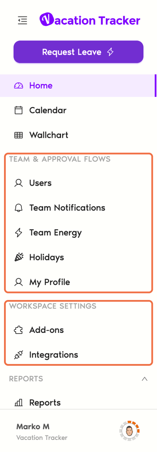 Left-hand menu in the Vacation Tracker dashboard for an Approver